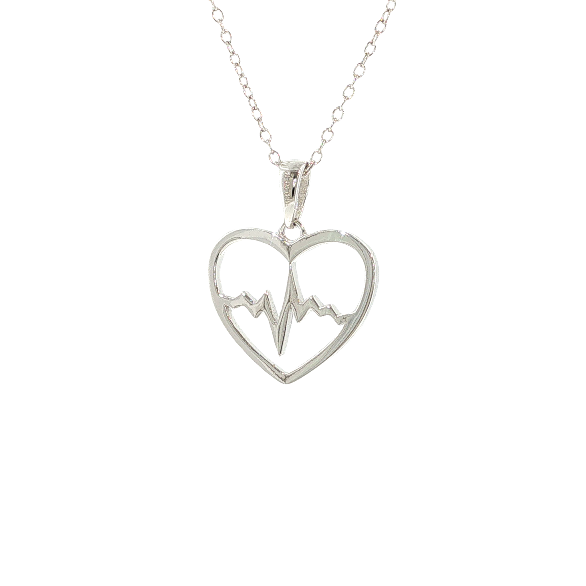 Rhodium-plated sterling silver necklace with a heartbeat design enclosed inside an open heart pendant.