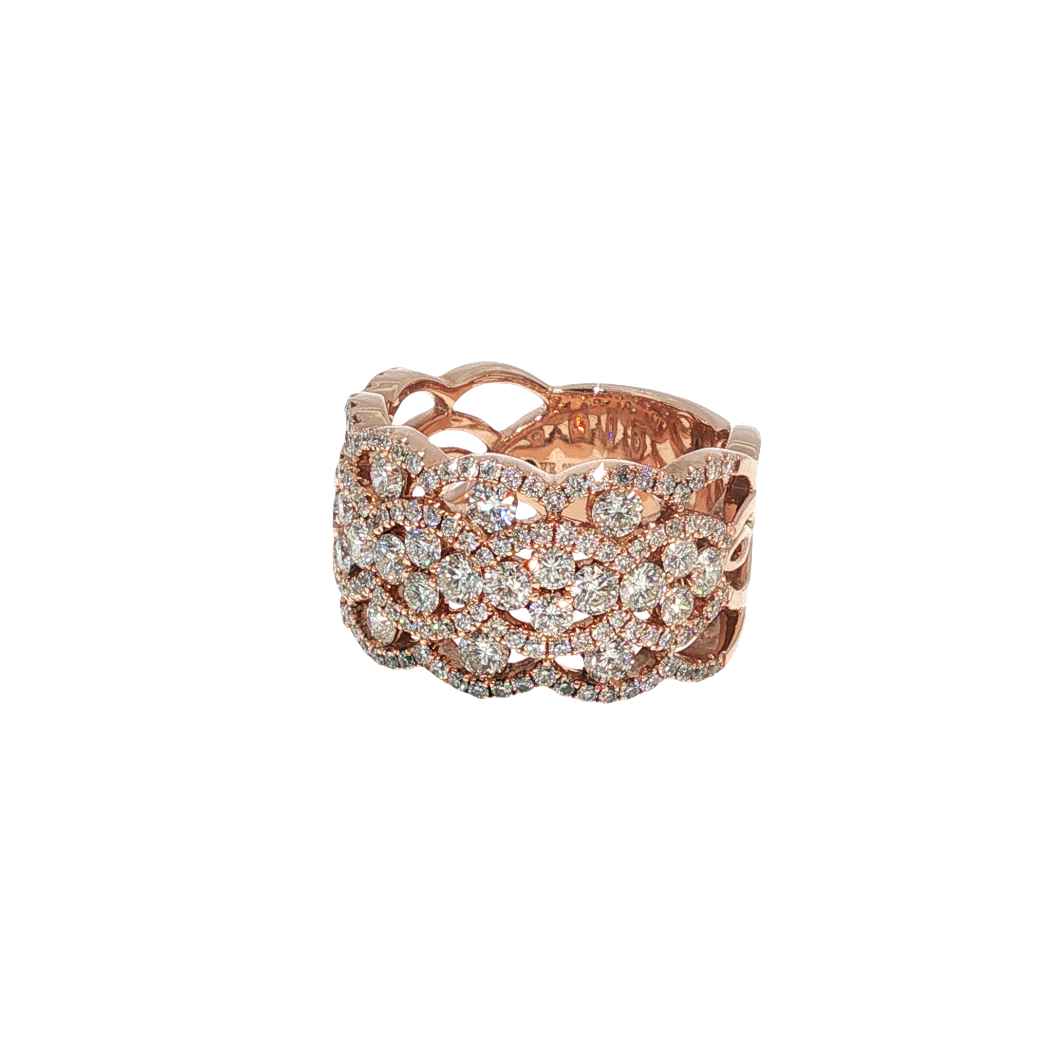 14K rose gold wide openwork statement ring covered with round brilliant diamond accents.