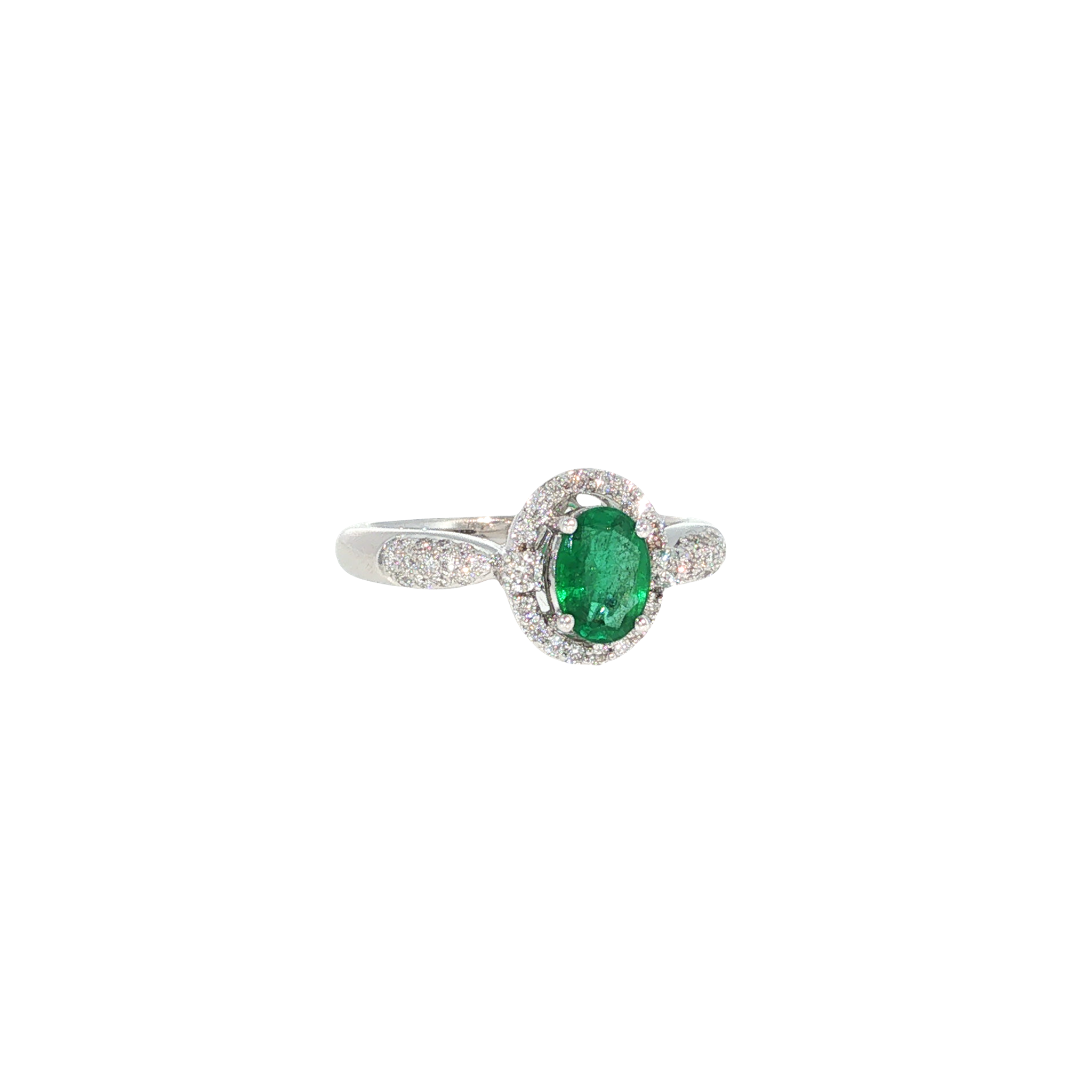 14K white gold ring with an oval green emerald surrounded by a halo of round diamonds.