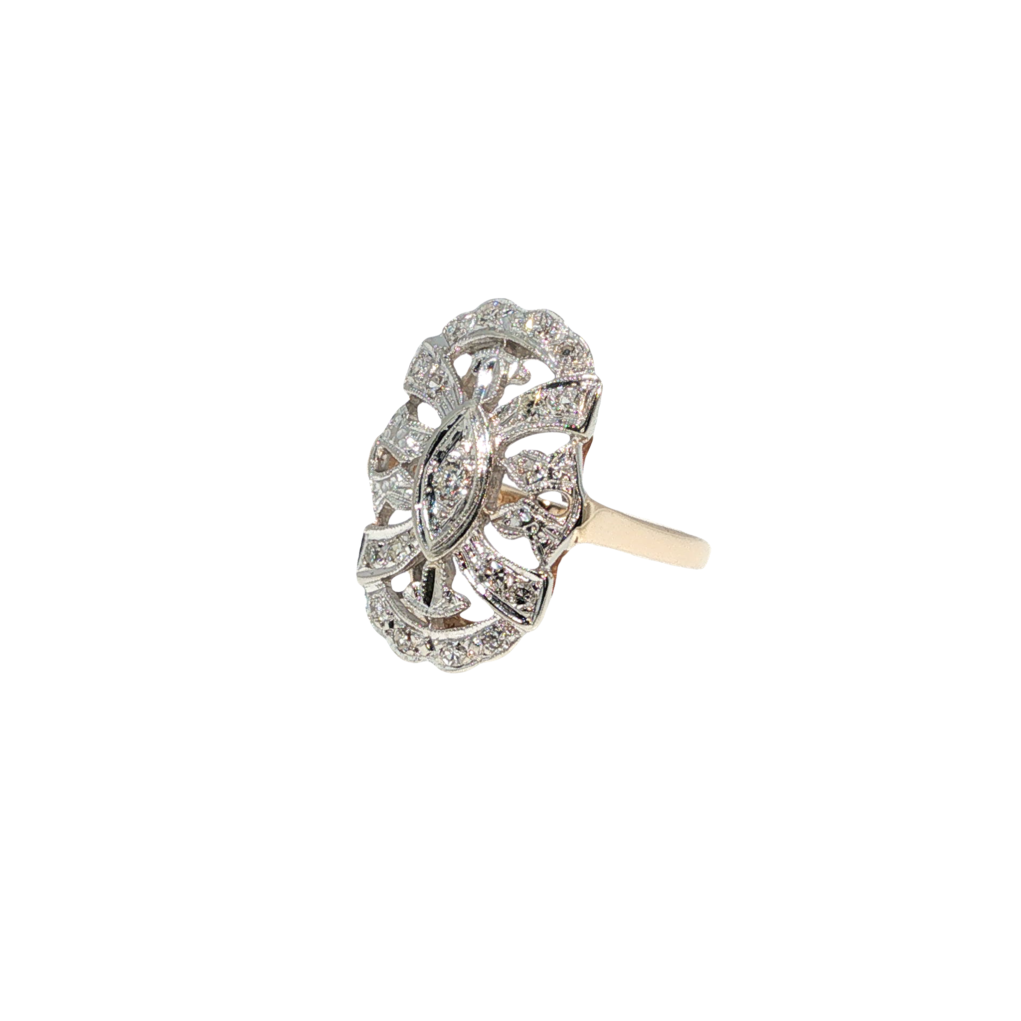 14K yellow and white gold openwork cluster ring with fancy-cut and round brilliant diamonds.