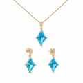 14K yellow gold matching pendant and drop earring set with kite-cut Swiss blue topaz gemstones and diamond accents.