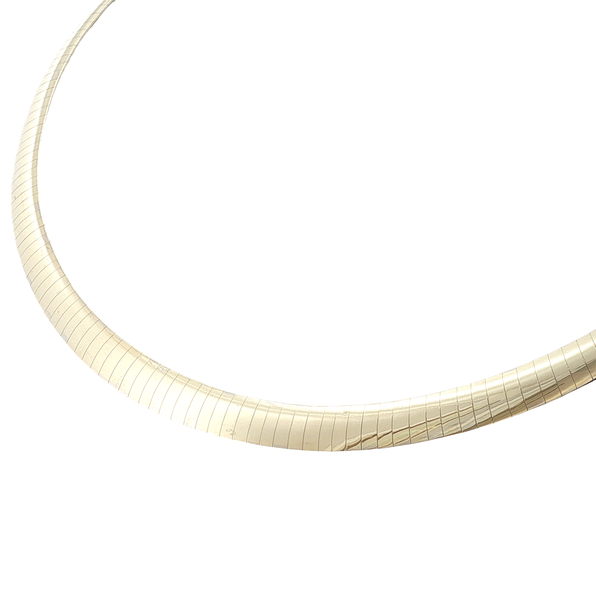 14K yellow and white gold reversible omega necklace with polished yellow gold on one side and white gold on the reverse.