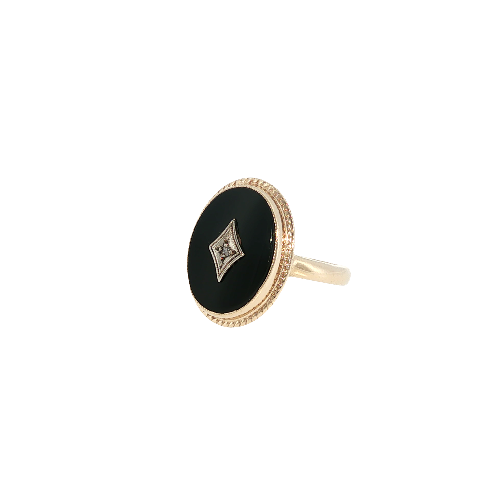 10K yellow gold ring with an oval black onyx center and a single diamond accent.