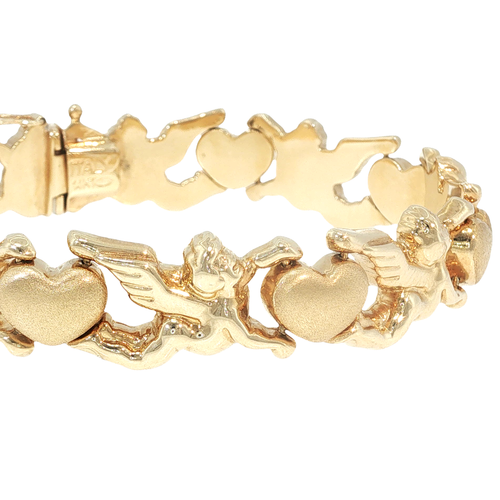 14K yellow gold link bracelet featuring alternating sculpted angel and heart motifs.