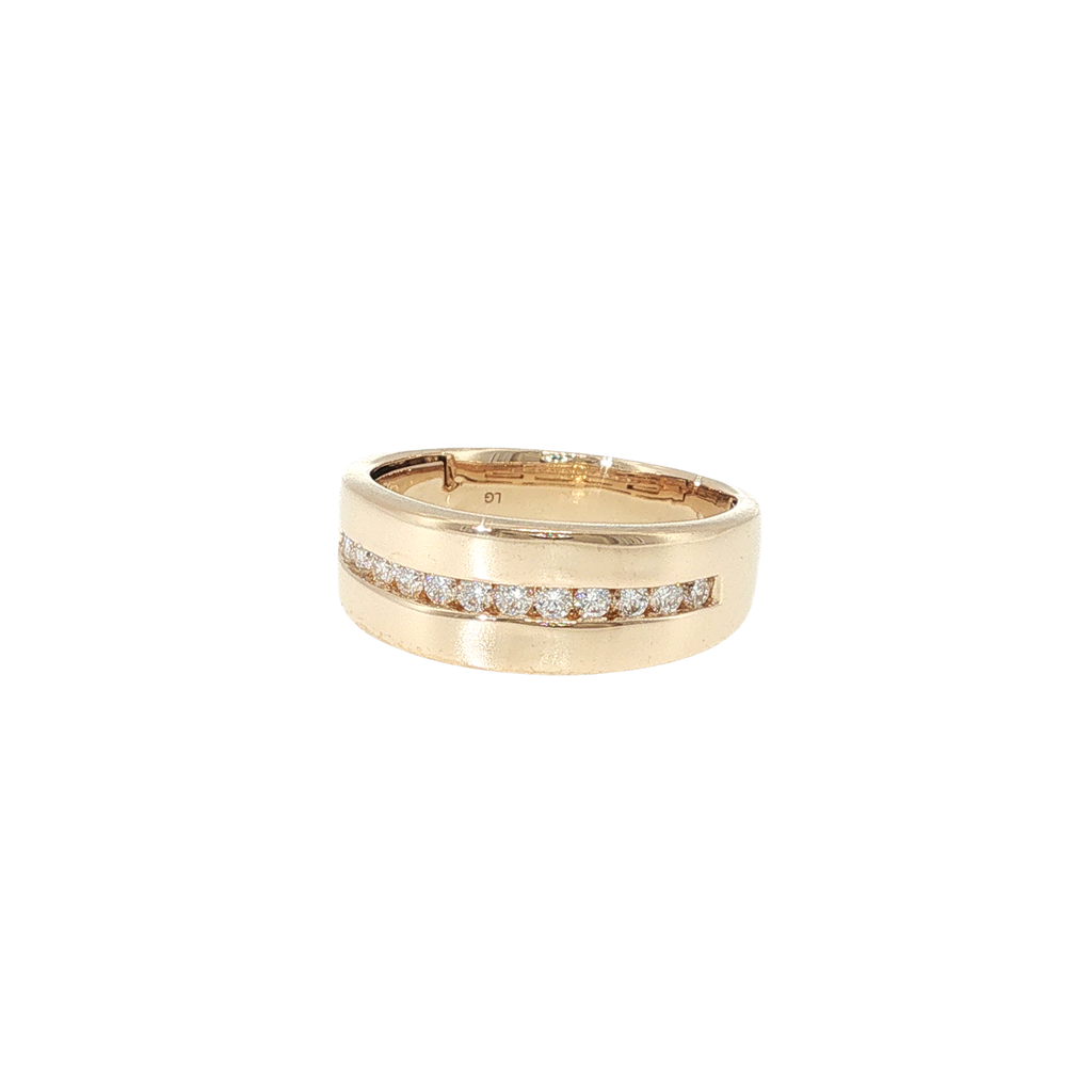 14K yellow gold band with a channel-set row of round brilliant lab-grown diamonds.