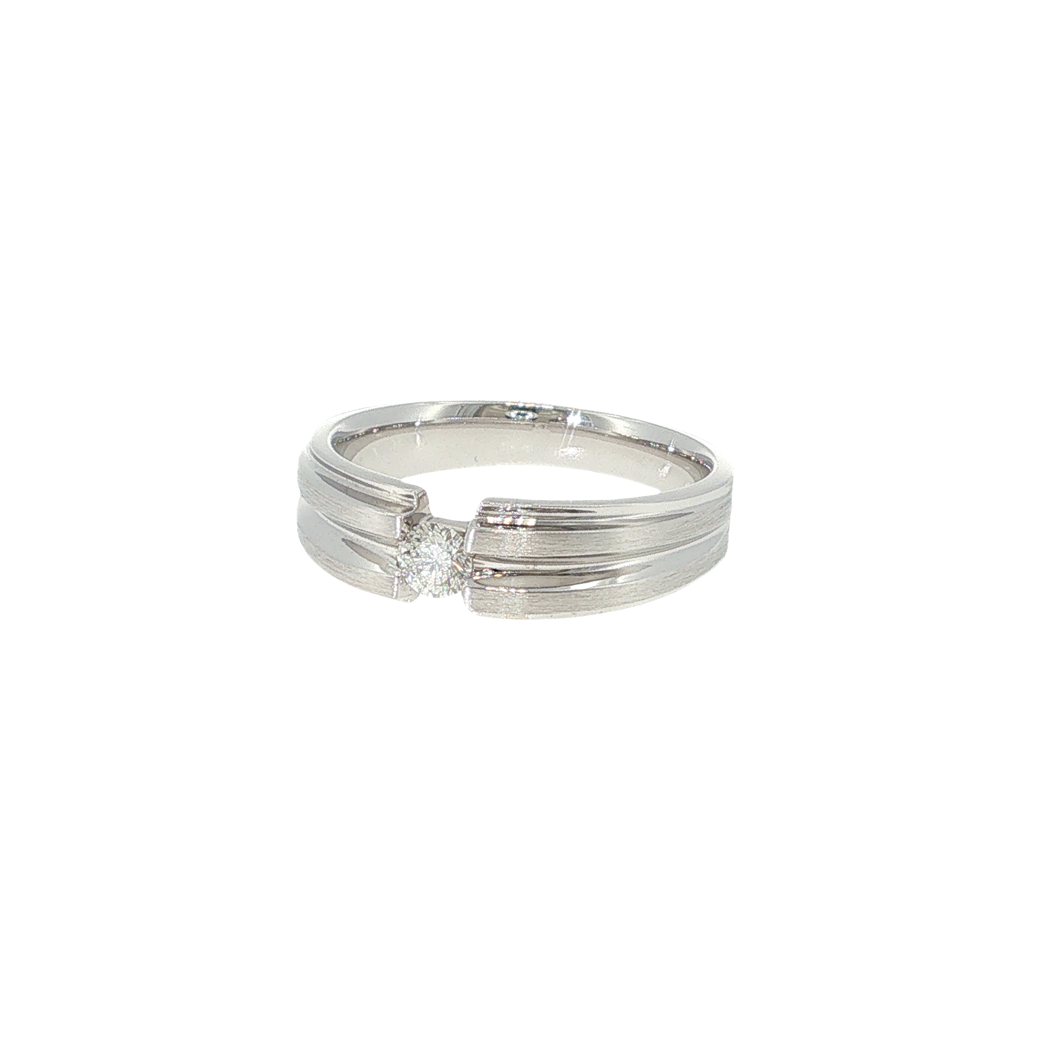 14K white gold men's ring with a bezel-set round brilliant diamond and bold grooved detailing.