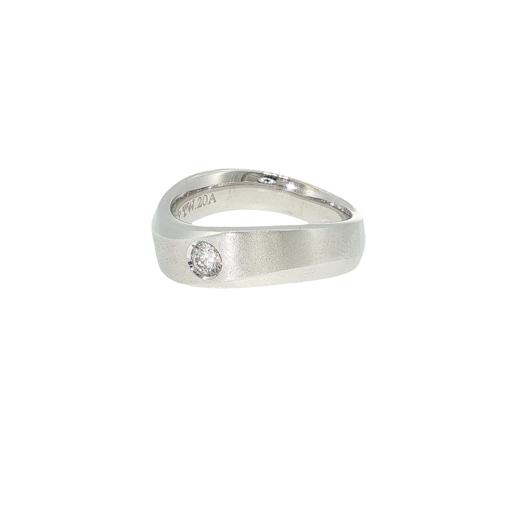 14K white gold men's band with a textured finish and flush-set round brilliant diamond.