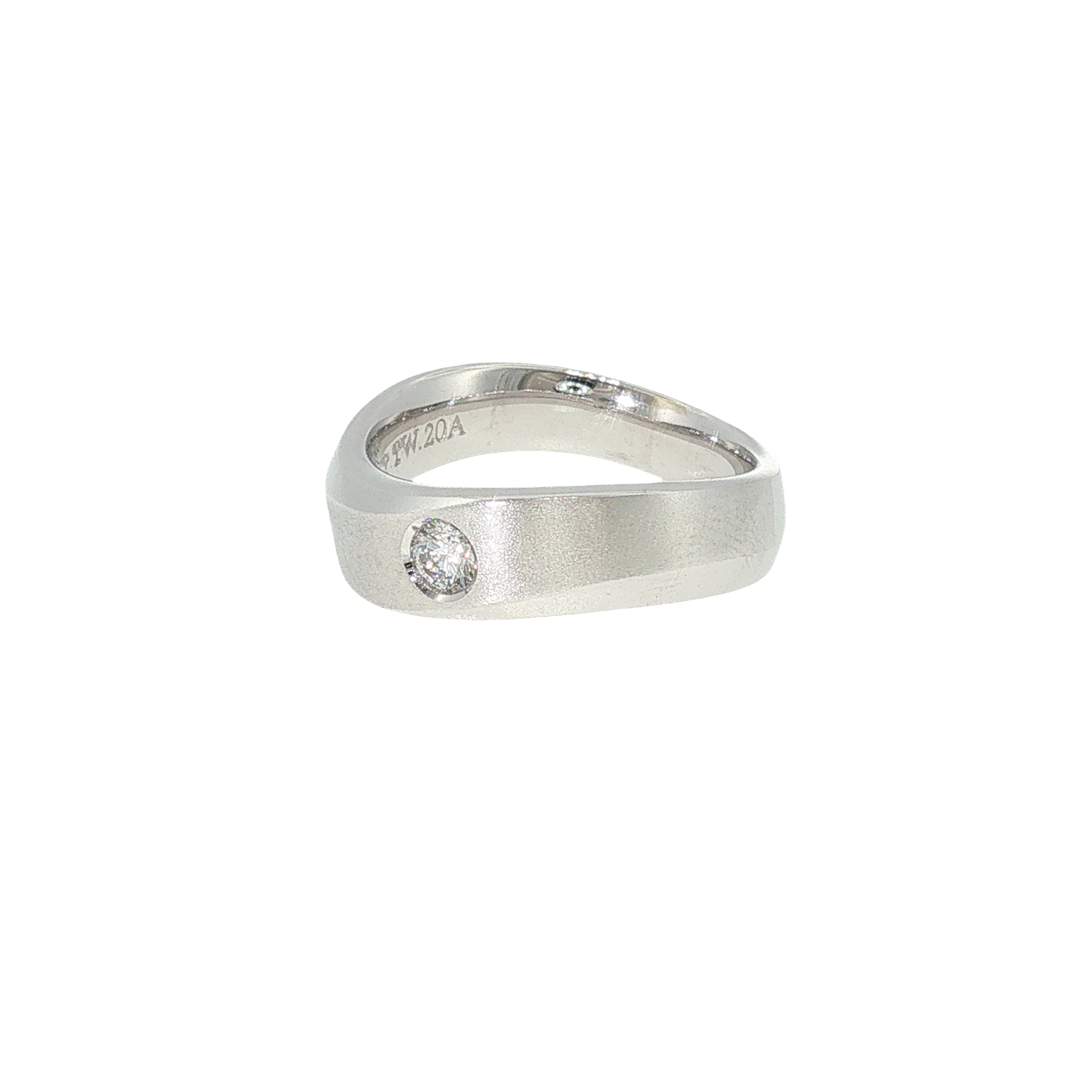 14K white gold men's band with a textured finish and flush-set round brilliant diamond.
