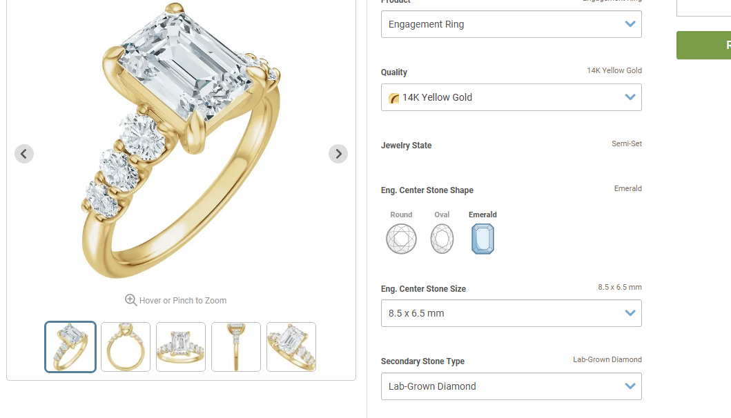 Emerald-cut engagement ring displayed in the Stuller Build-A-Piece catalog