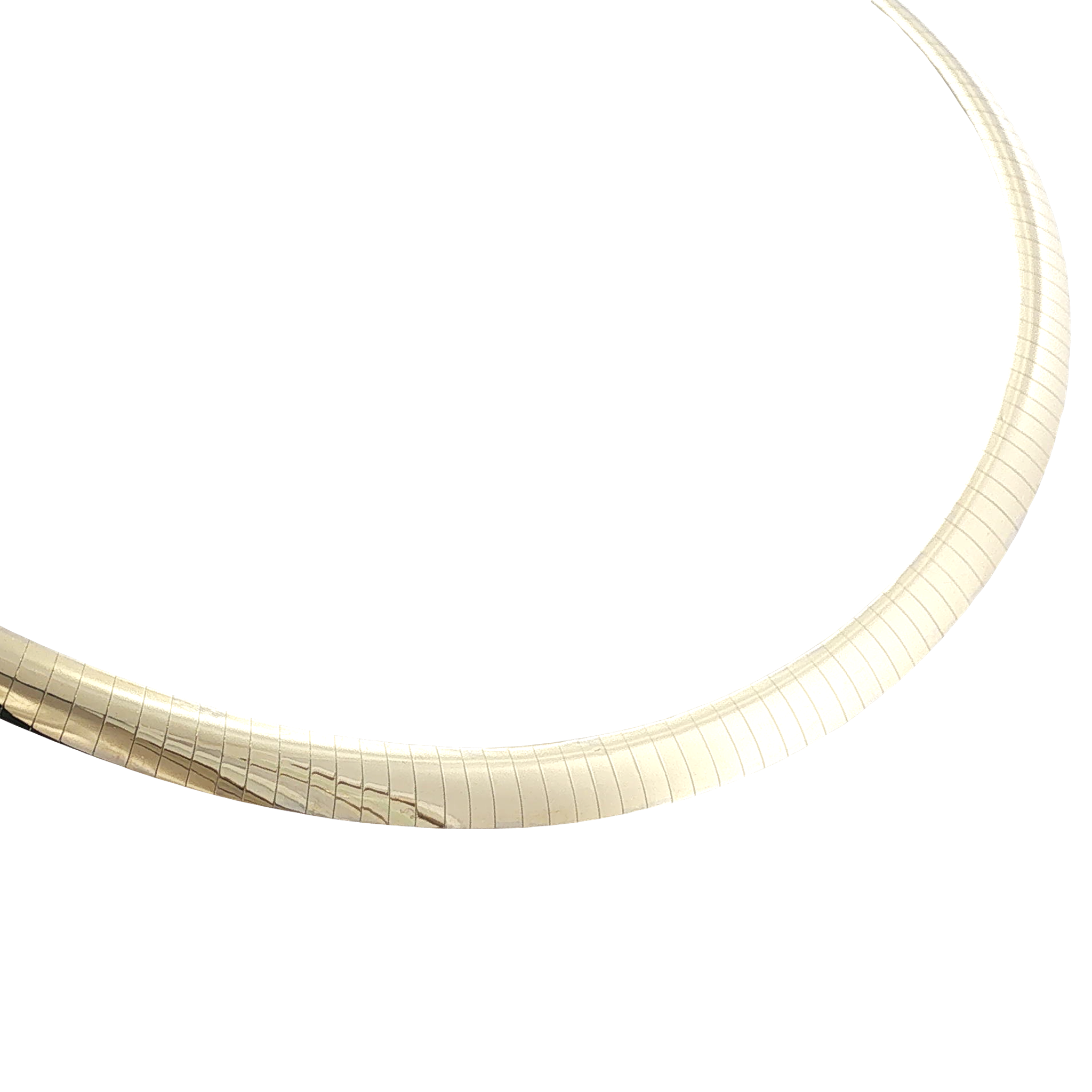 14K yellow and white gold reversible omega necklace with polished yellow gold on one side and white gold on the reverse.
