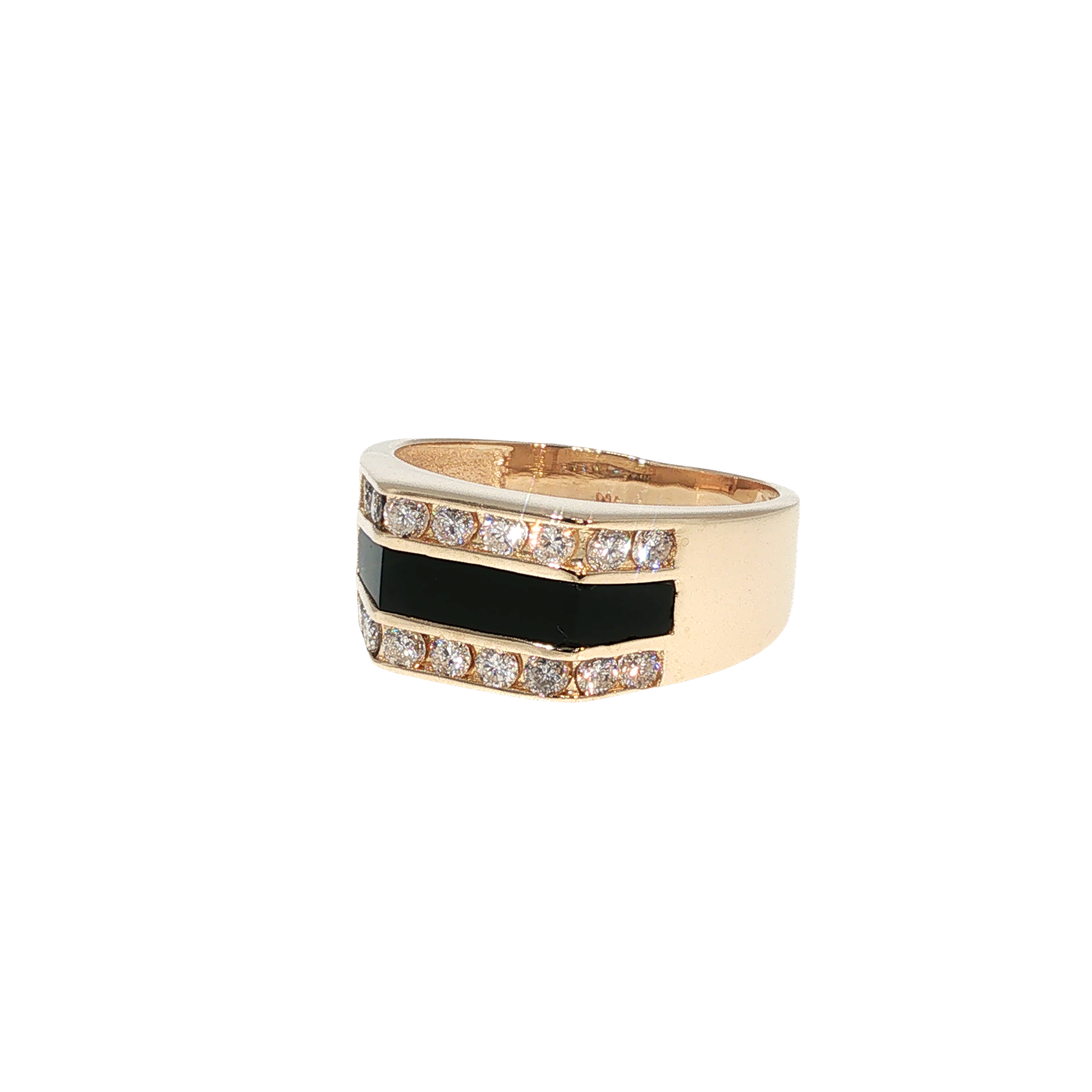 14K yellow gold band with bold black onyx inlay and round brilliant diamond accents.