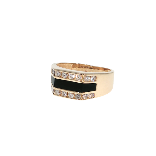 14K yellow gold band with bold black onyx inlay and round brilliant diamond accents.
