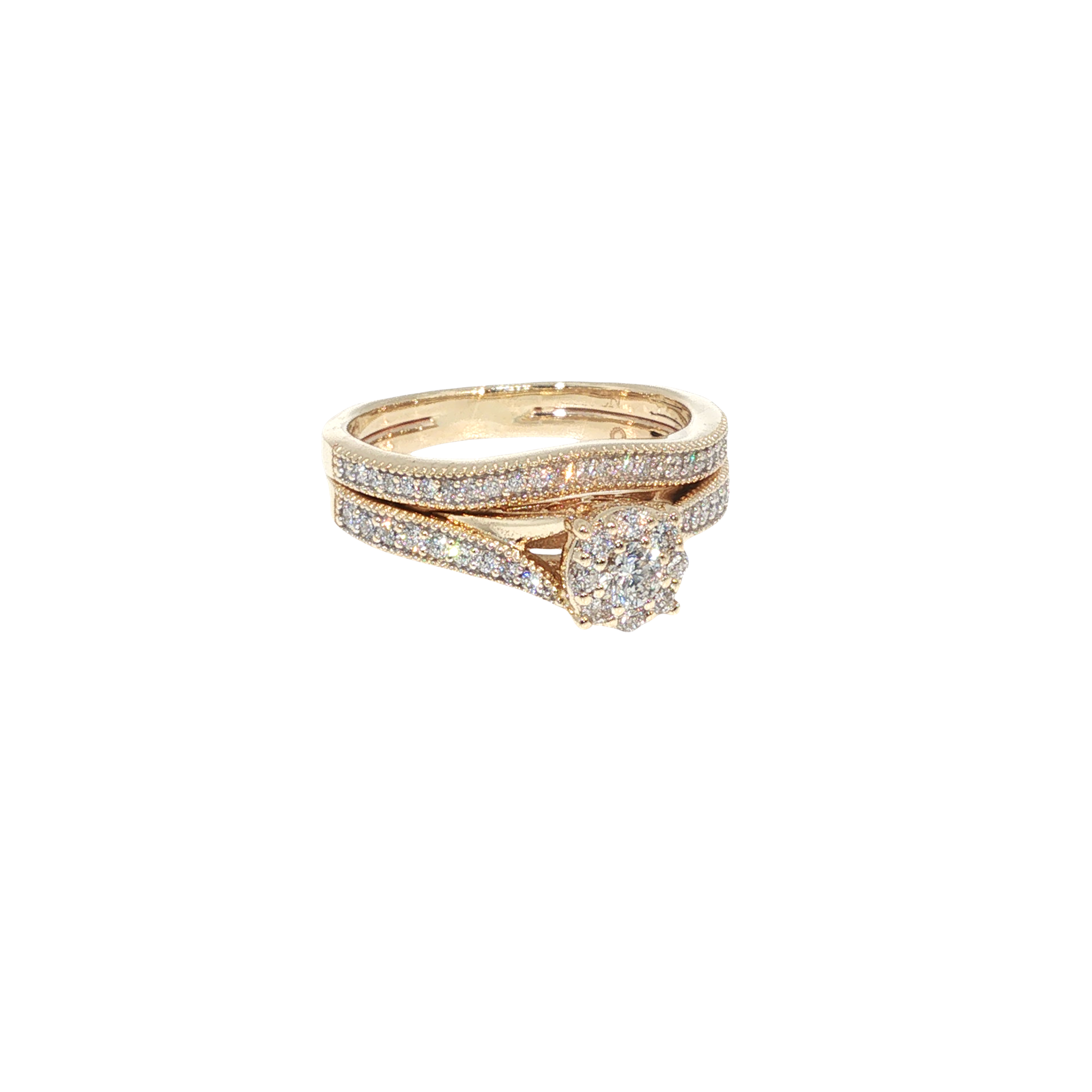 10K yellow gold wedding set with round diamond accents and intricate vintage-inspired milgrain detailing.