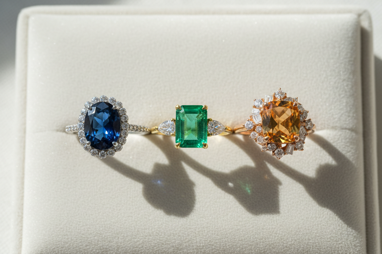 Colorful gemstone rings displayed on a white background
