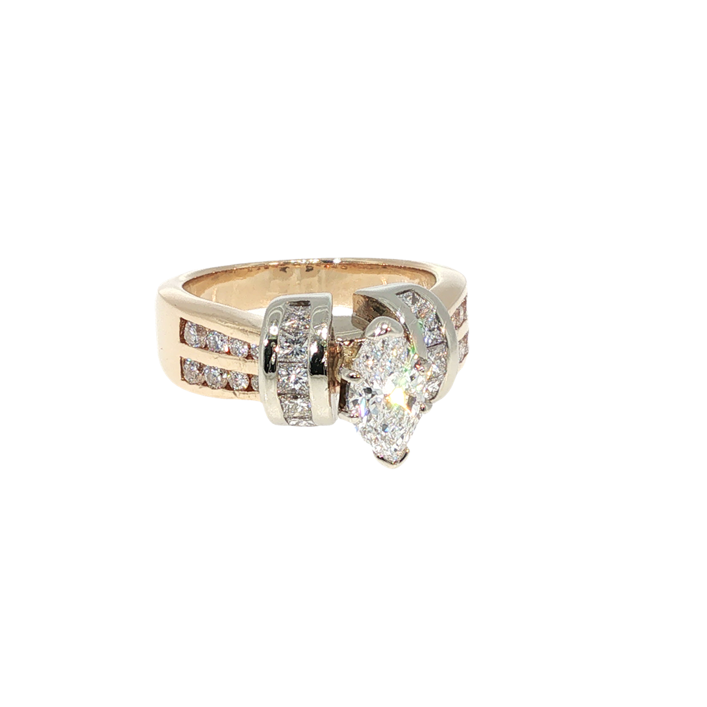 14K yellow and white gold bypass ring with a marquise-cut center diamond and round and princess-cut diamond accents.