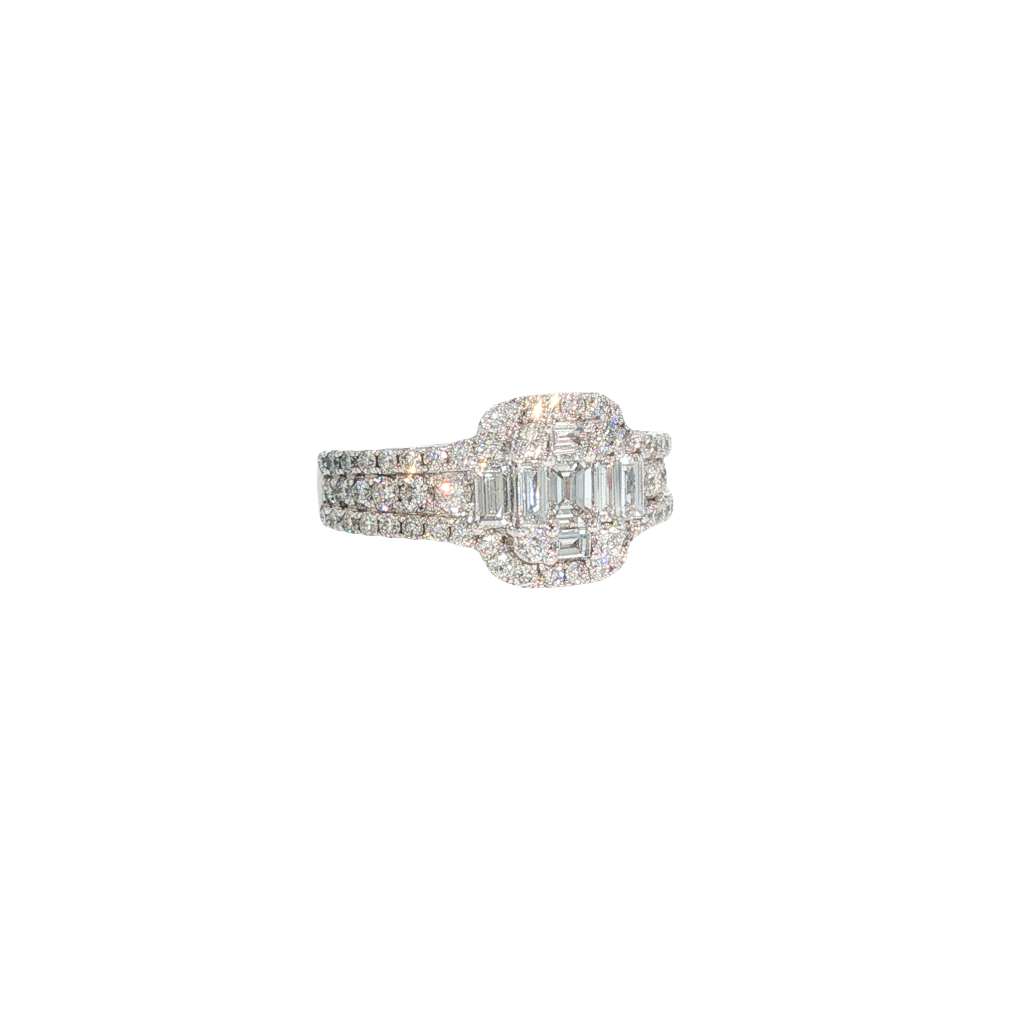 18K white gold cluster ring with emerald-cut diamonds surrounded by numerous round brilliant diamond accents.
