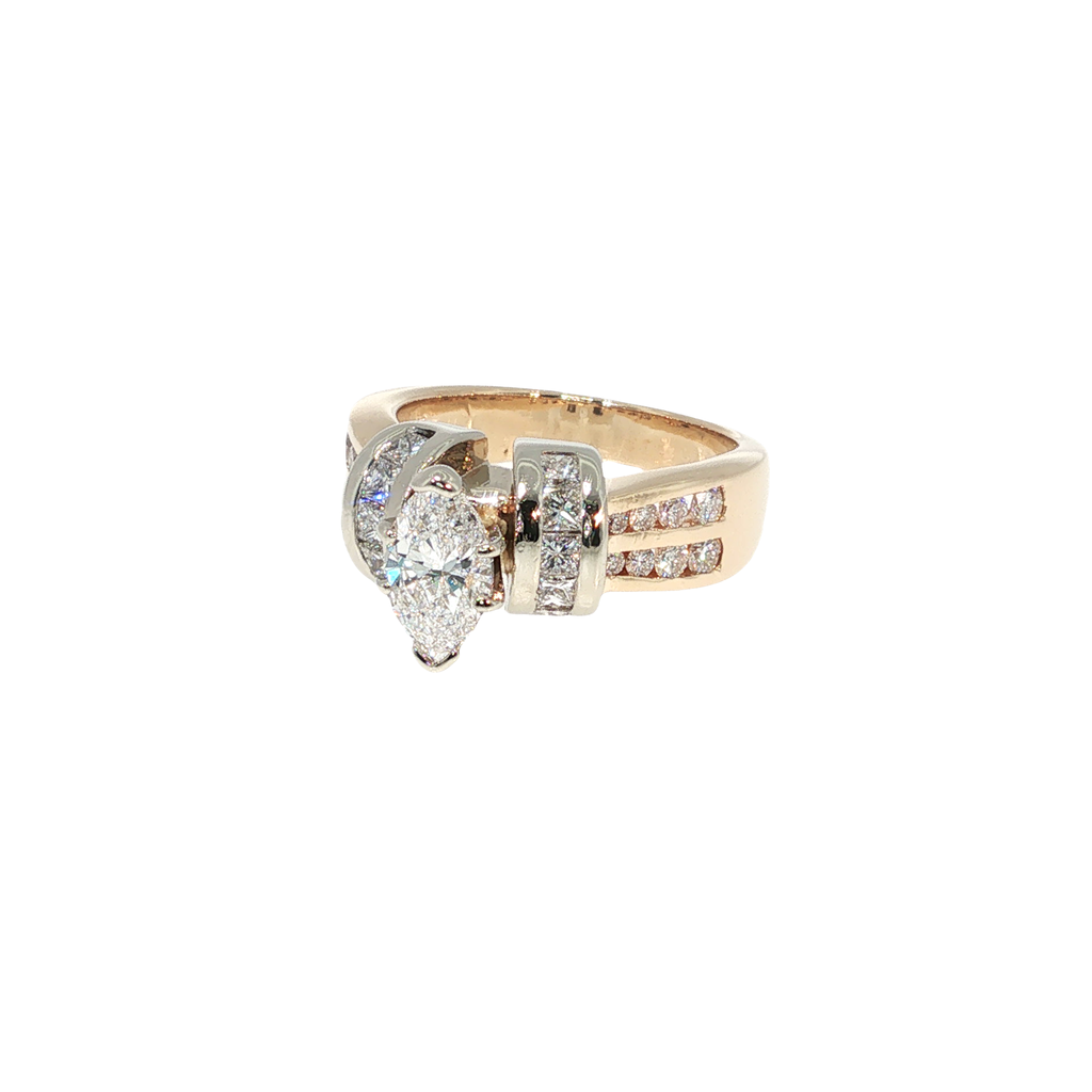14K yellow and white gold bypass ring with a marquise-cut center diamond and round and princess-cut diamond accents.