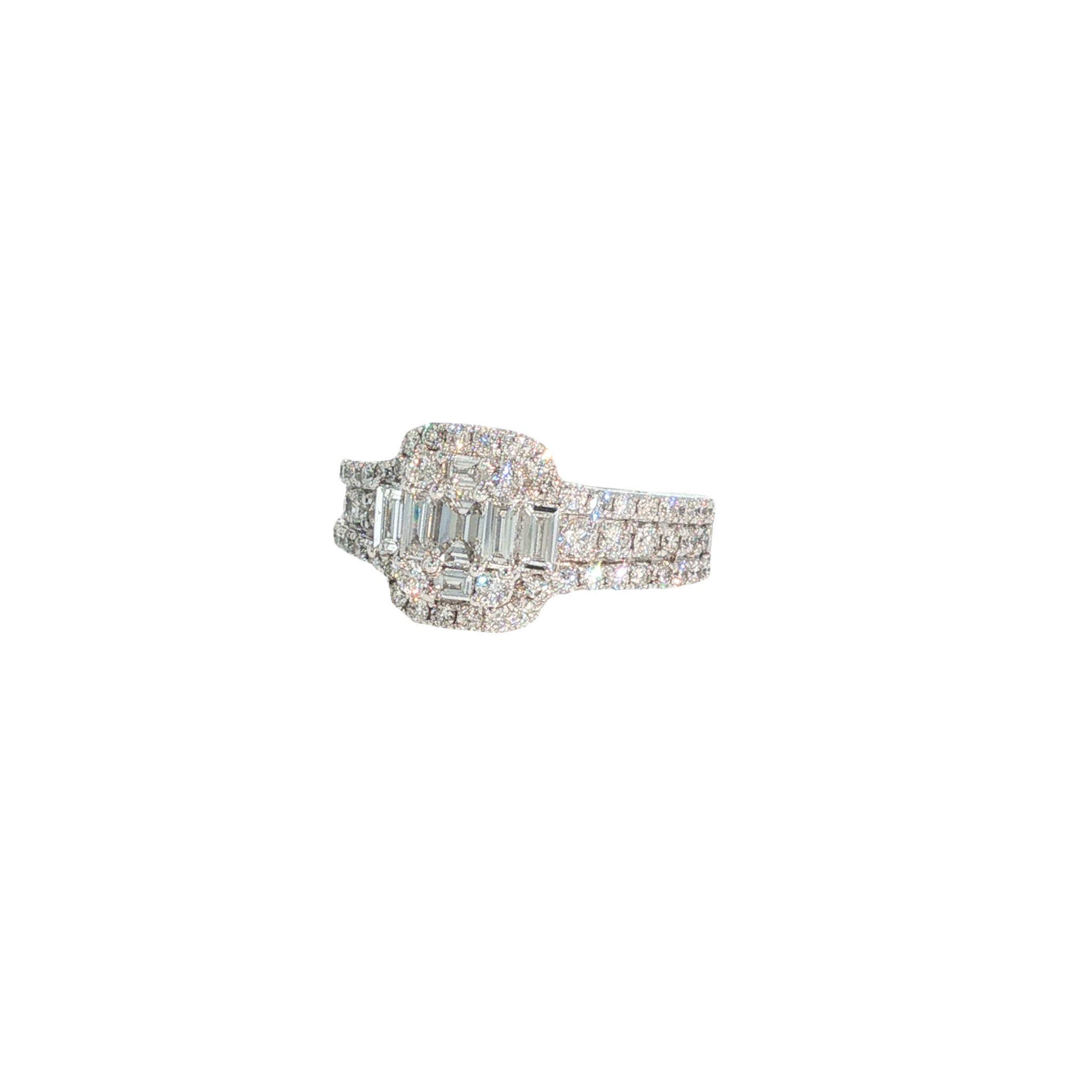 18K white gold cluster ring with emerald-cut diamonds surrounded by numerous round brilliant diamond accents.