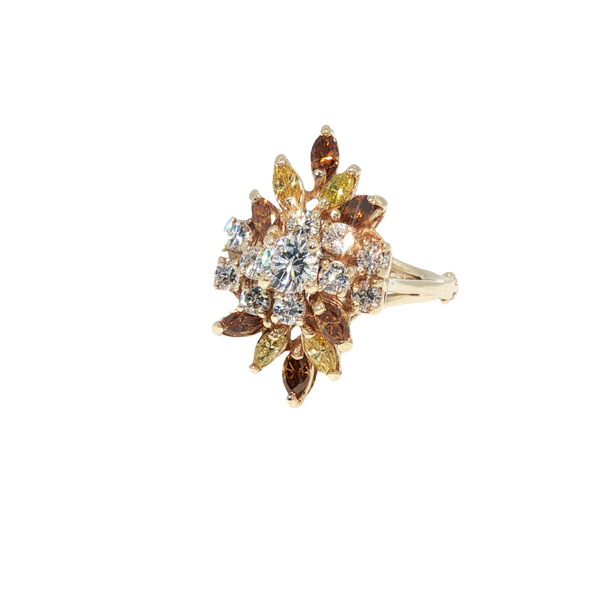 14K yellow gold floral cluster ring with a round center diamond and white, yellow and cognac diamond accents.