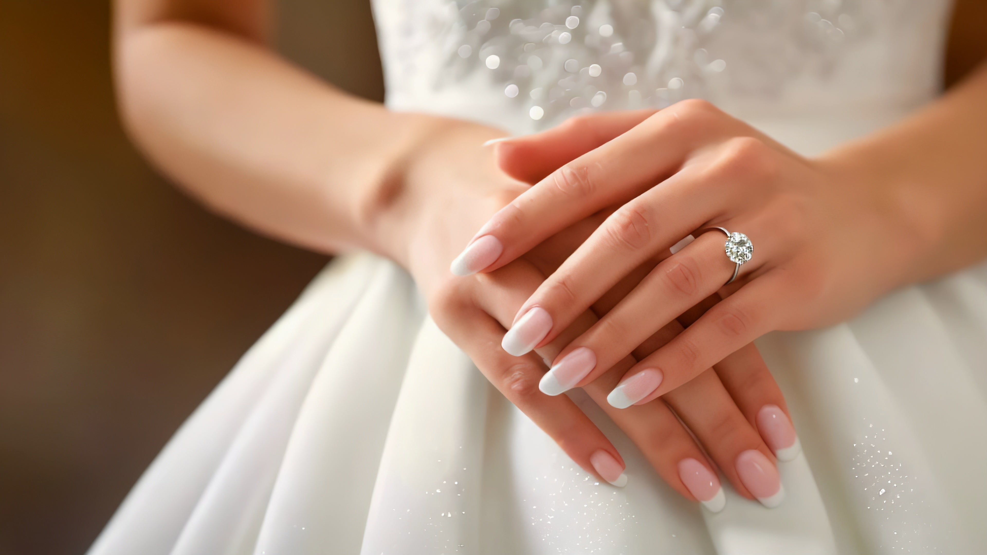 Diamond wedding ring shown on a bride’s hand