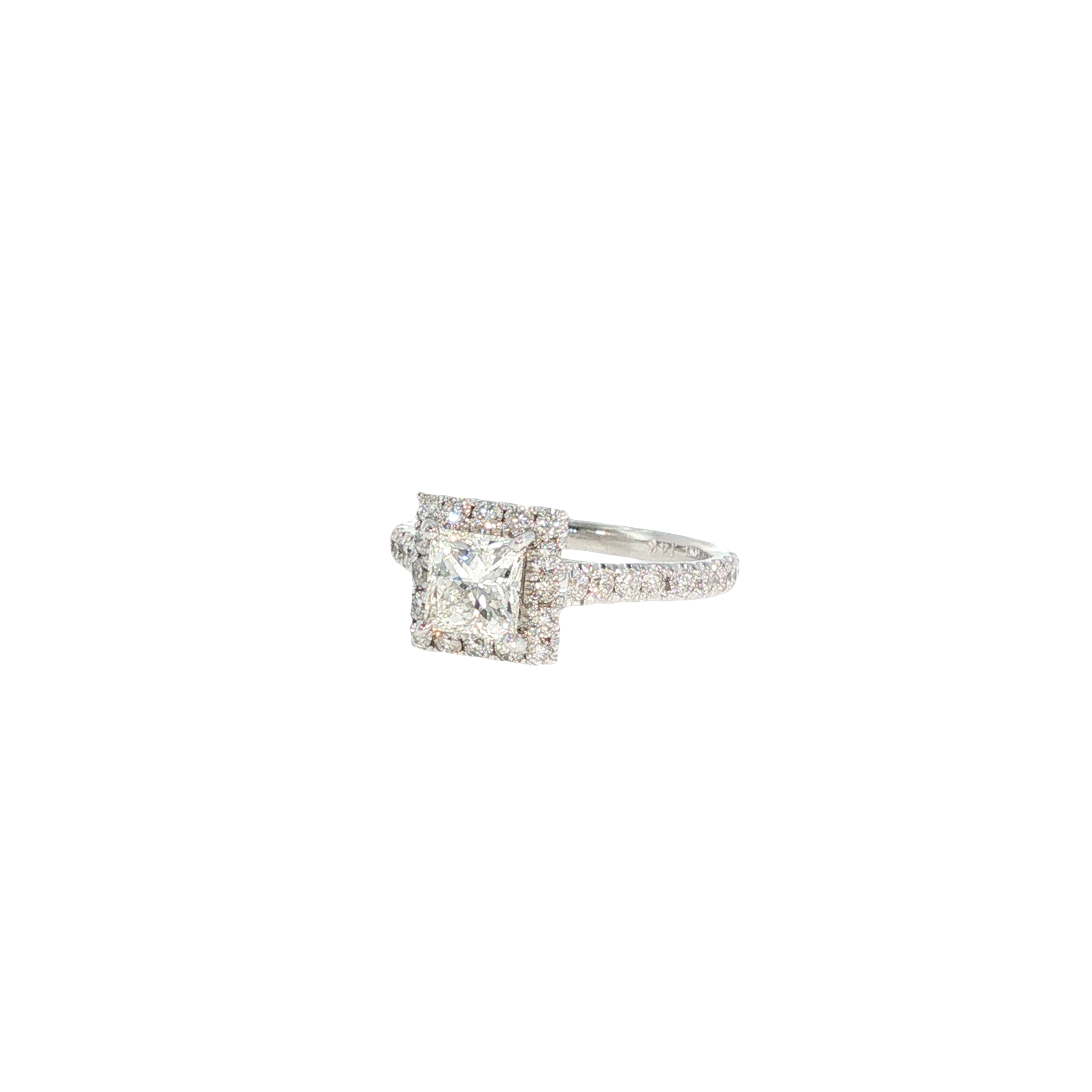 14K white gold halo ring with a princess-cut Leo diamond center and round brilliant diamond accents.