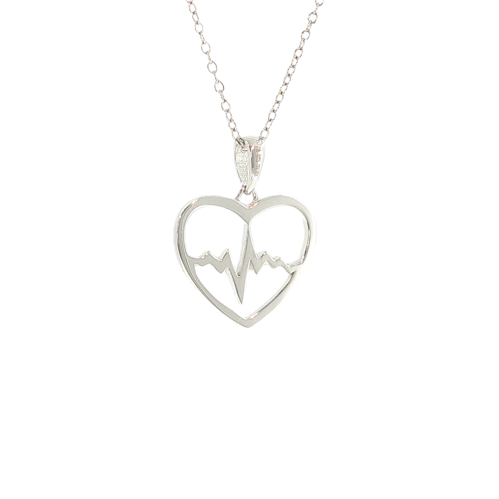 Rhodium-plated sterling silver necklace with a heartbeat design enclosed inside an open heart pendant.