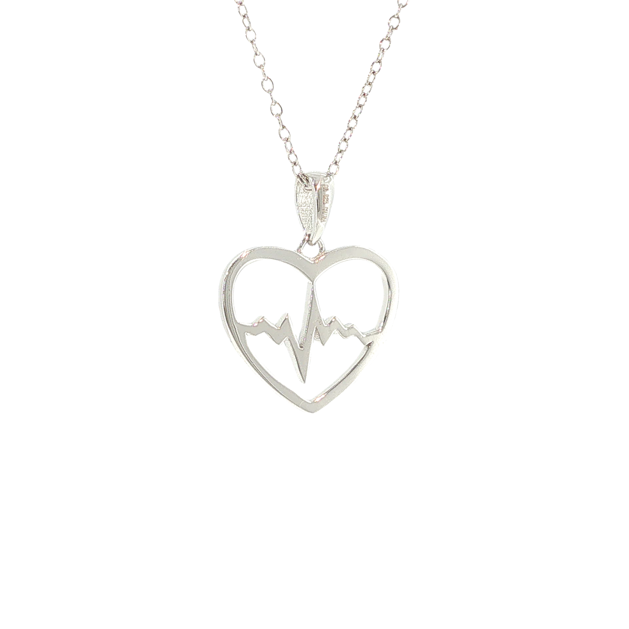 Rhodium-plated sterling silver necklace with a heartbeat design enclosed inside an open heart pendant.