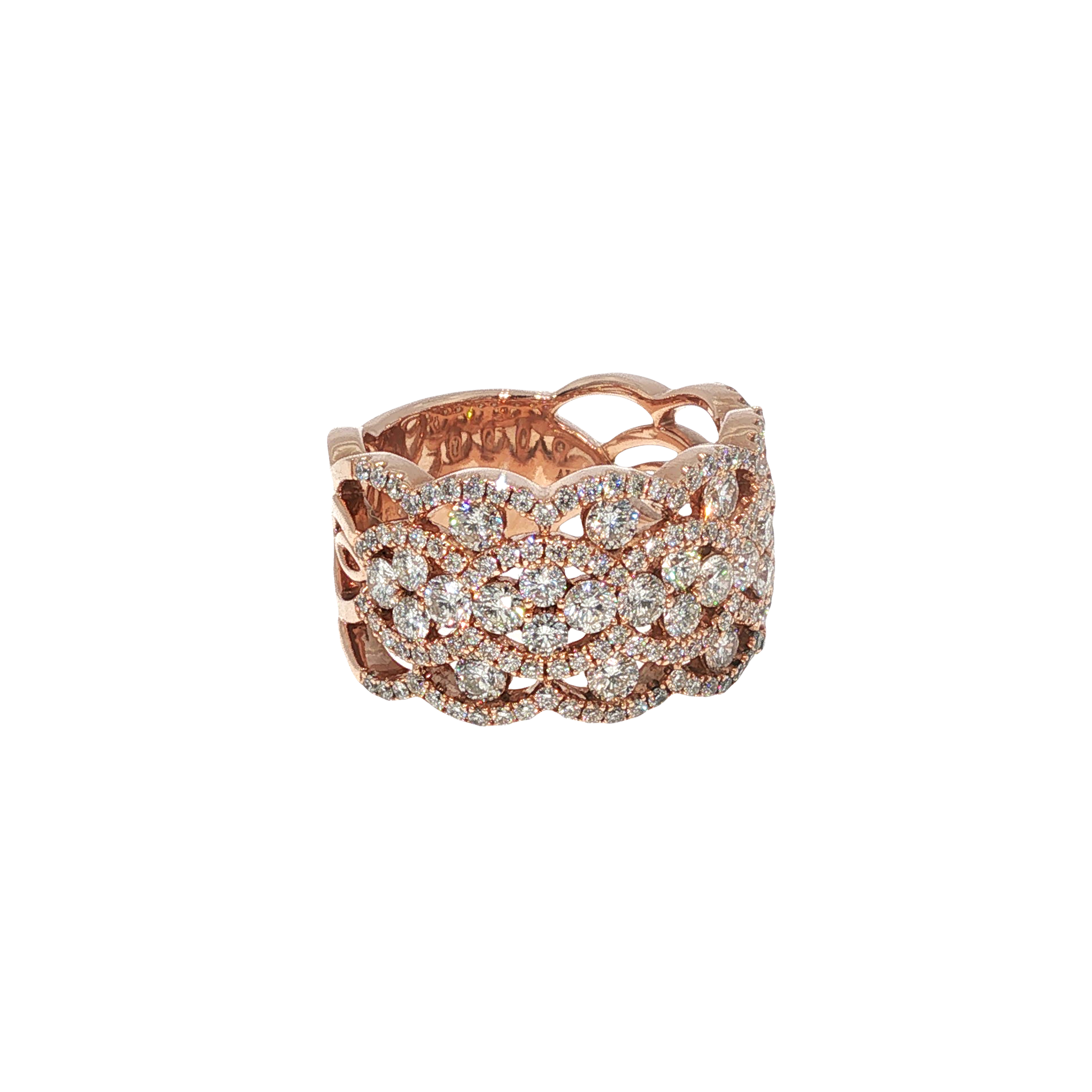 14K rose gold wide openwork statement ring covered with round brilliant diamond accents.