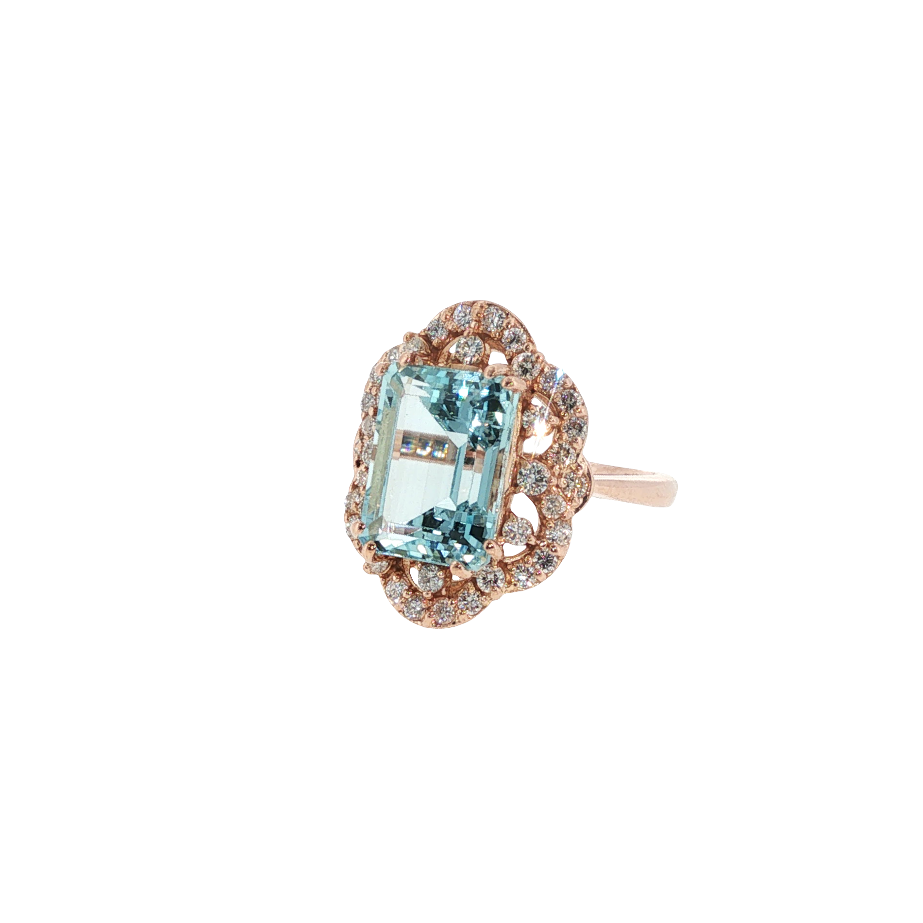 14K rose gold ring with an emerald-cut pale blue aquamarine surrounded by round diamond accents.