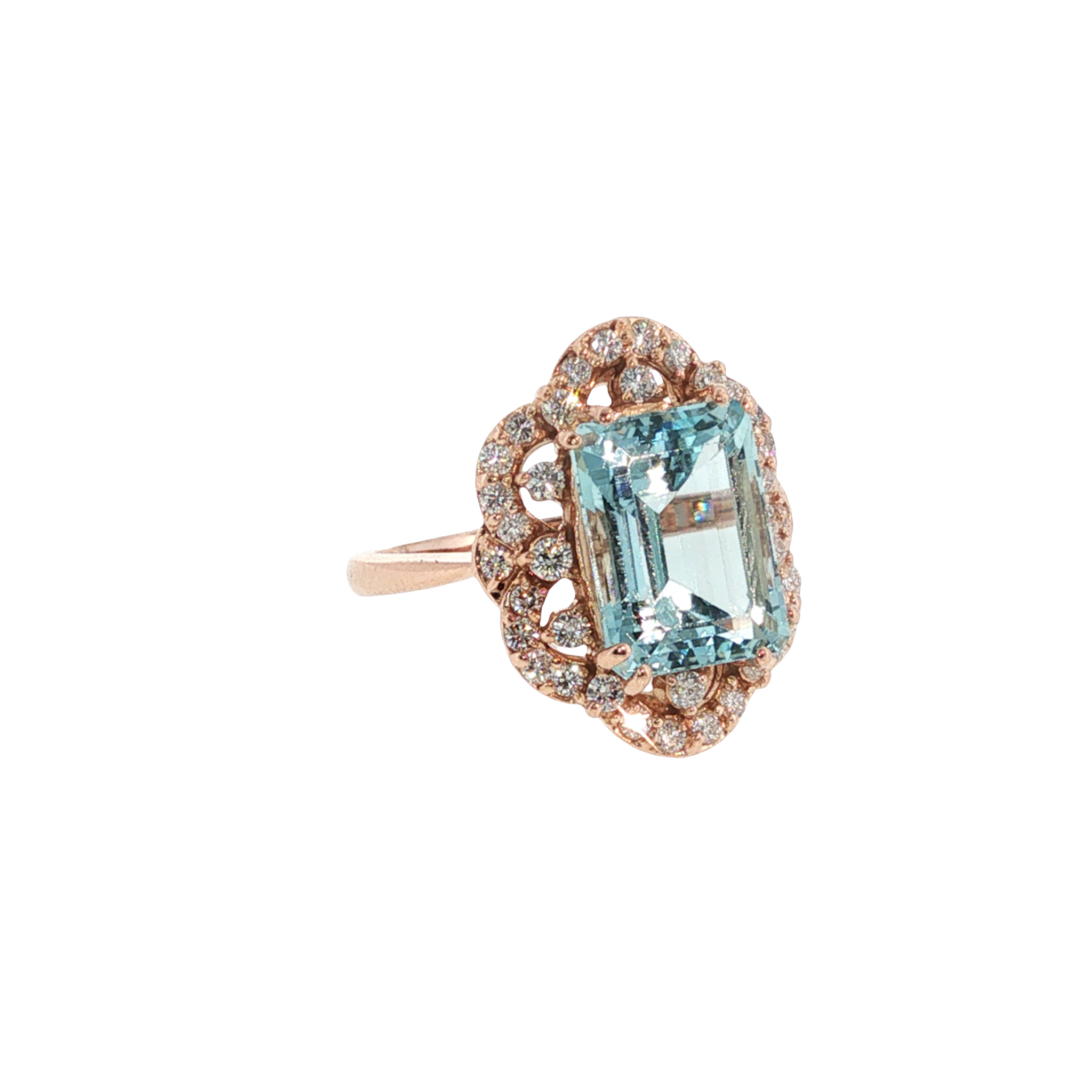 14K rose gold ring with an emerald-cut pale blue aquamarine surrounded by round diamond accents.