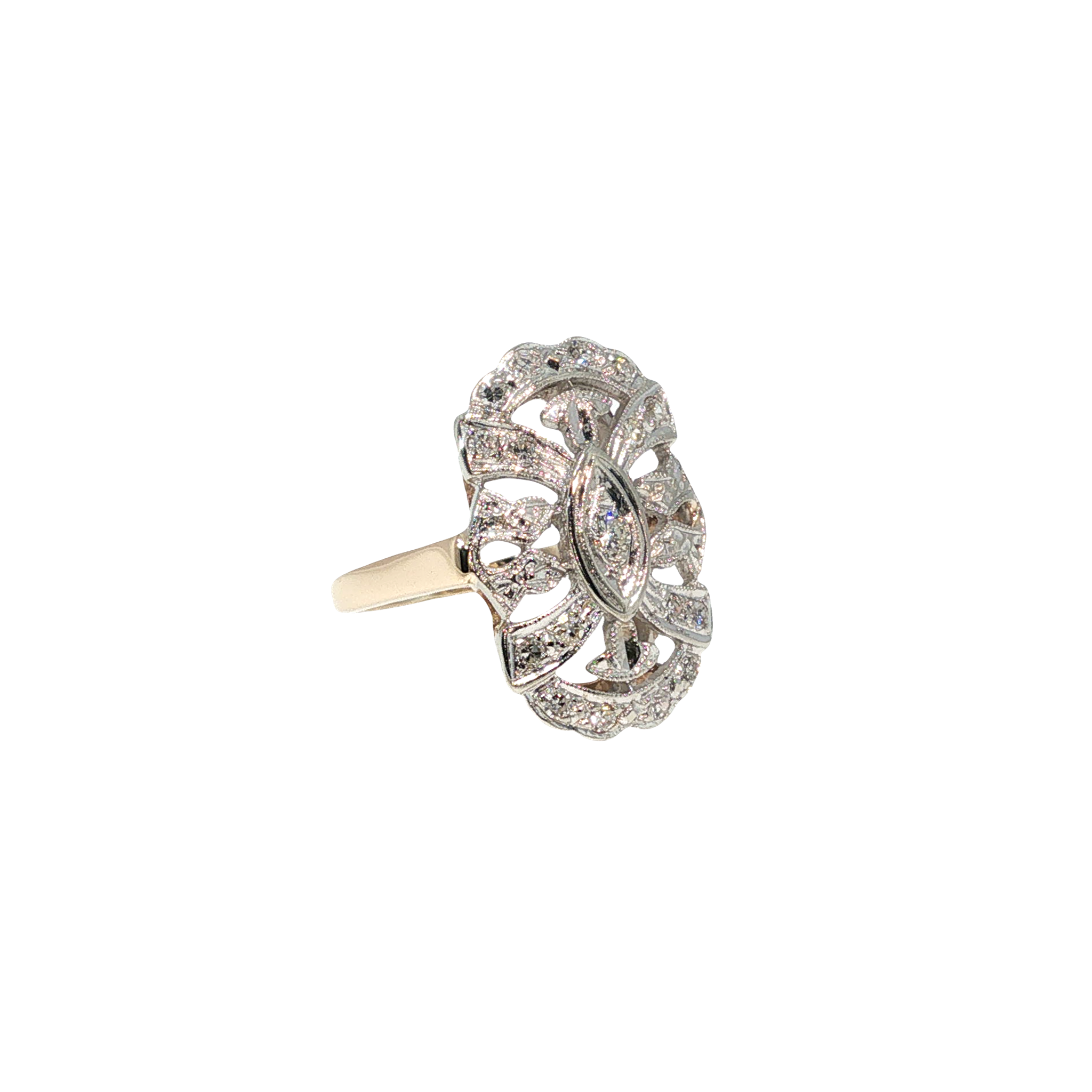 14K yellow and white gold openwork cluster ring with fancy-cut and round brilliant diamonds.
