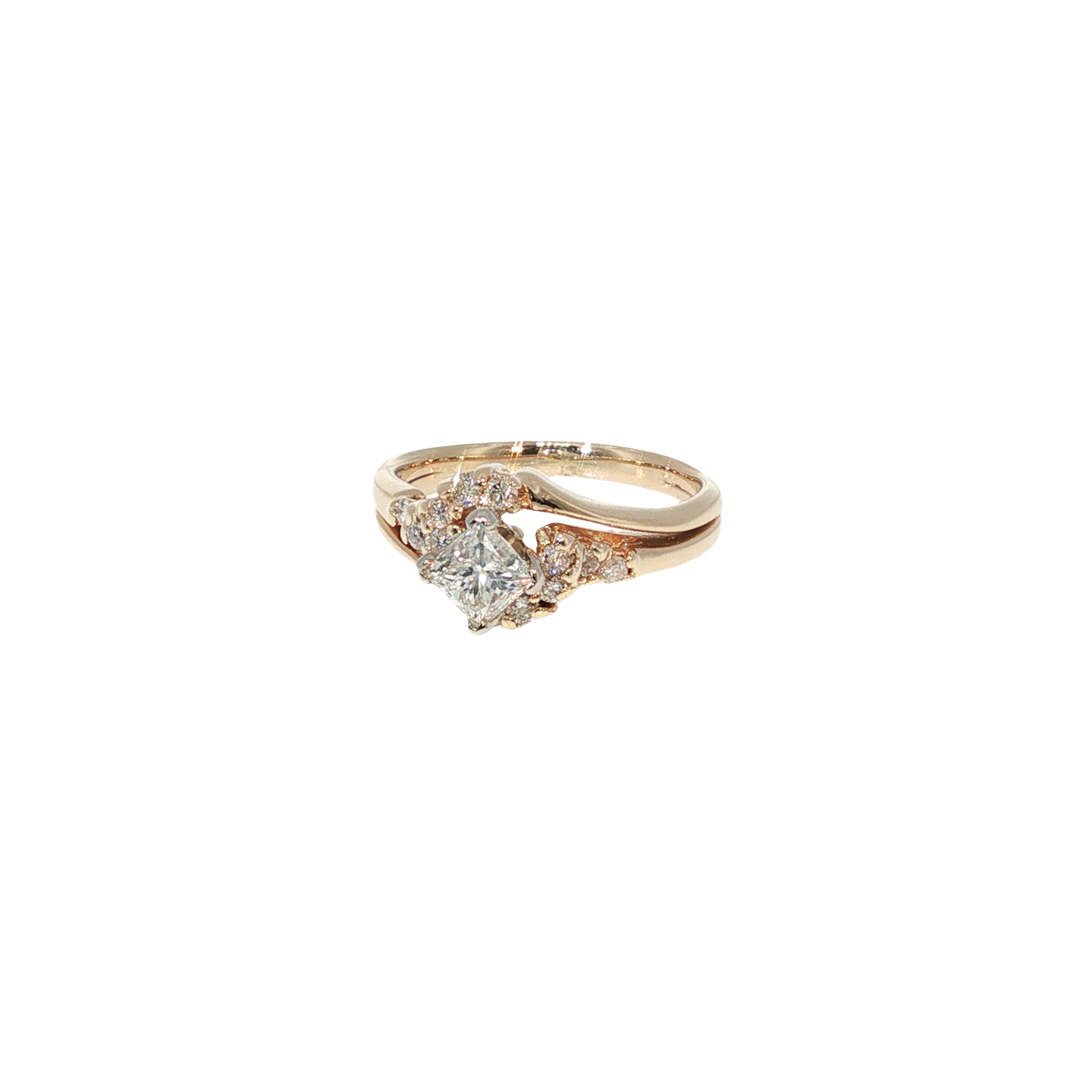 14K yellow gold soldered wedding set with a princess-cut center diamond and round brilliant diamond accents.