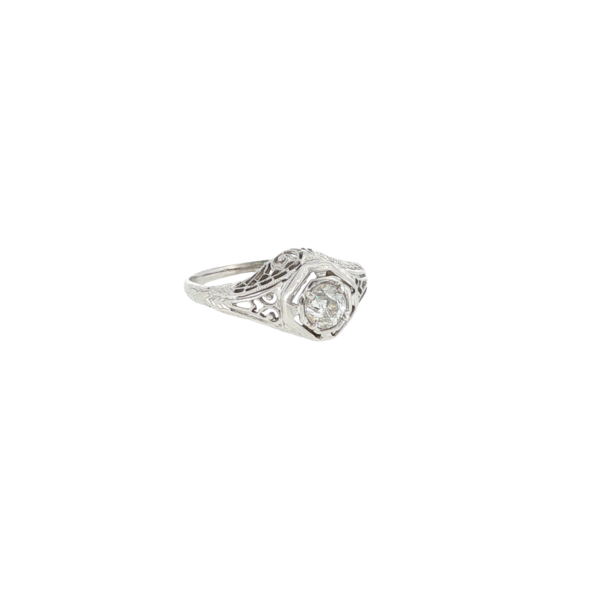 18K white gold filigree ring with an Old Mine cut diamond center and intricate vintage-inspired detailing.