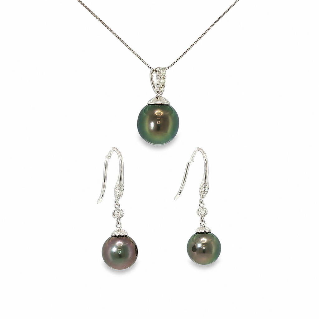 14K white gold matching pendant and drop earring set with dark iridescent Tahitian pearls and diamond accents.