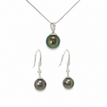14K white gold matching pendant and drop earring set with dark iridescent Tahitian pearls and diamond accents.
