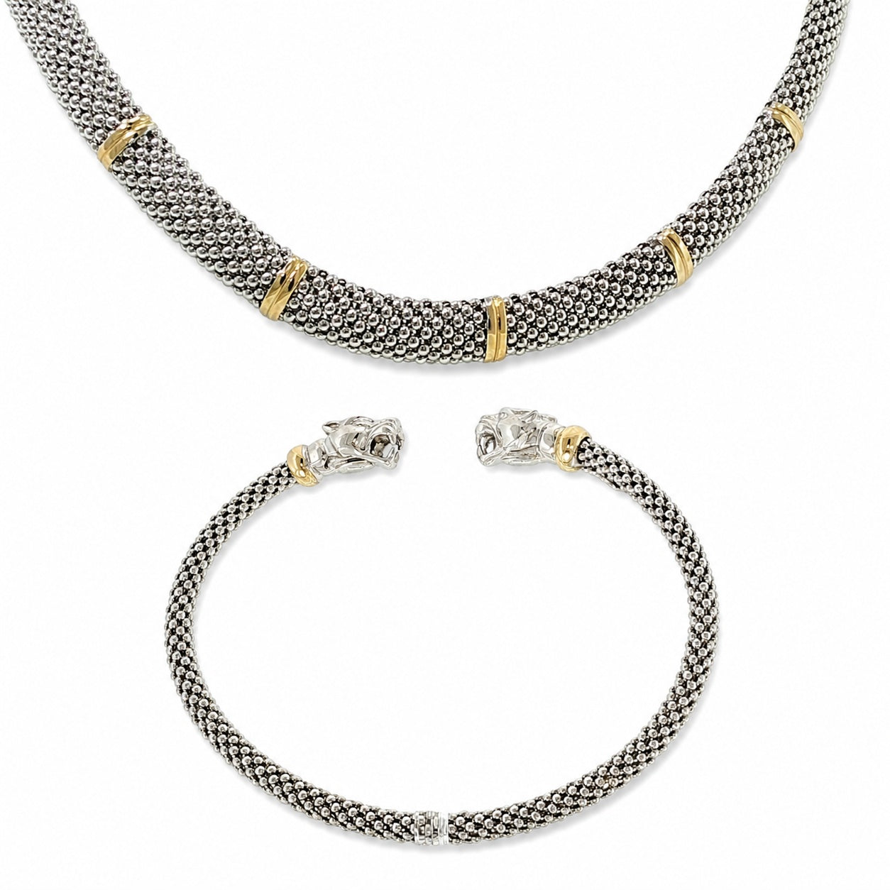 Sterling silver and 18K yellow gold matching set with a textured popcorn link necklace and sculpted diamond-accented panther cuff bracelet.