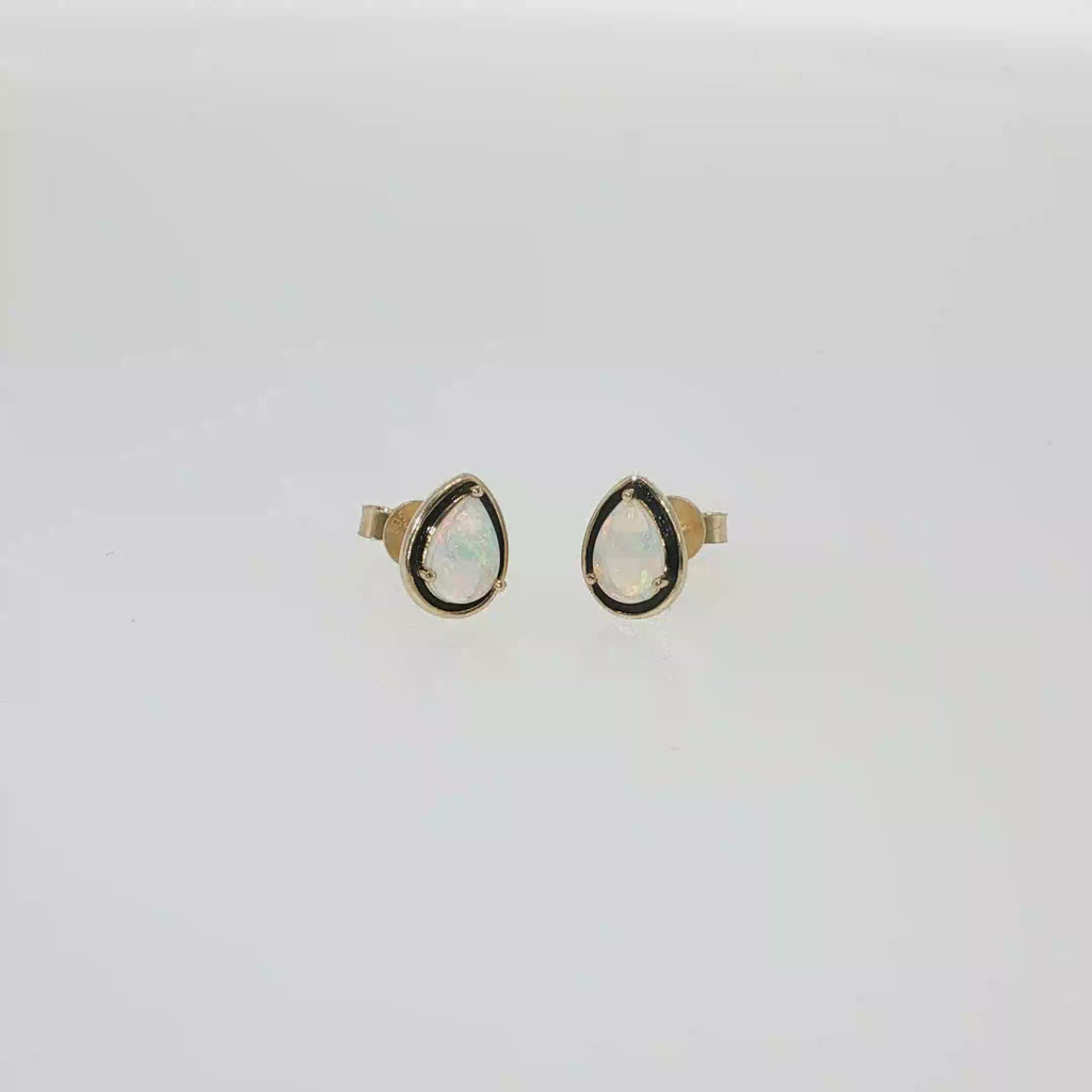 14K yellow gold stud earrings with two pear-shaped Australian opals.