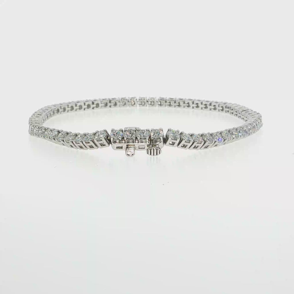 14K white gold lab-grown diamond tennis bracelet with 4.00 carats total weight of round diamonds.