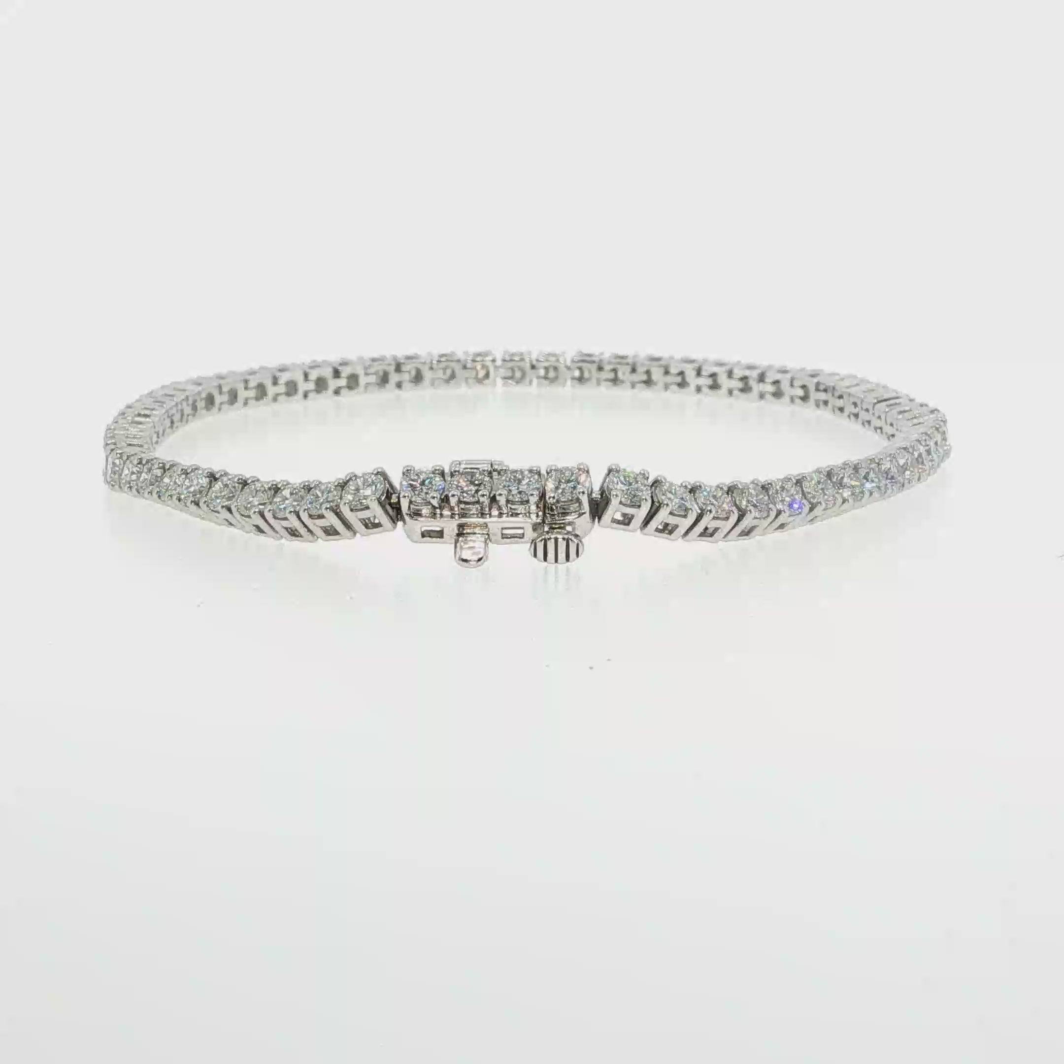 14K white gold lab-grown diamond tennis bracelet with 4.00 carats total weight of round diamonds.