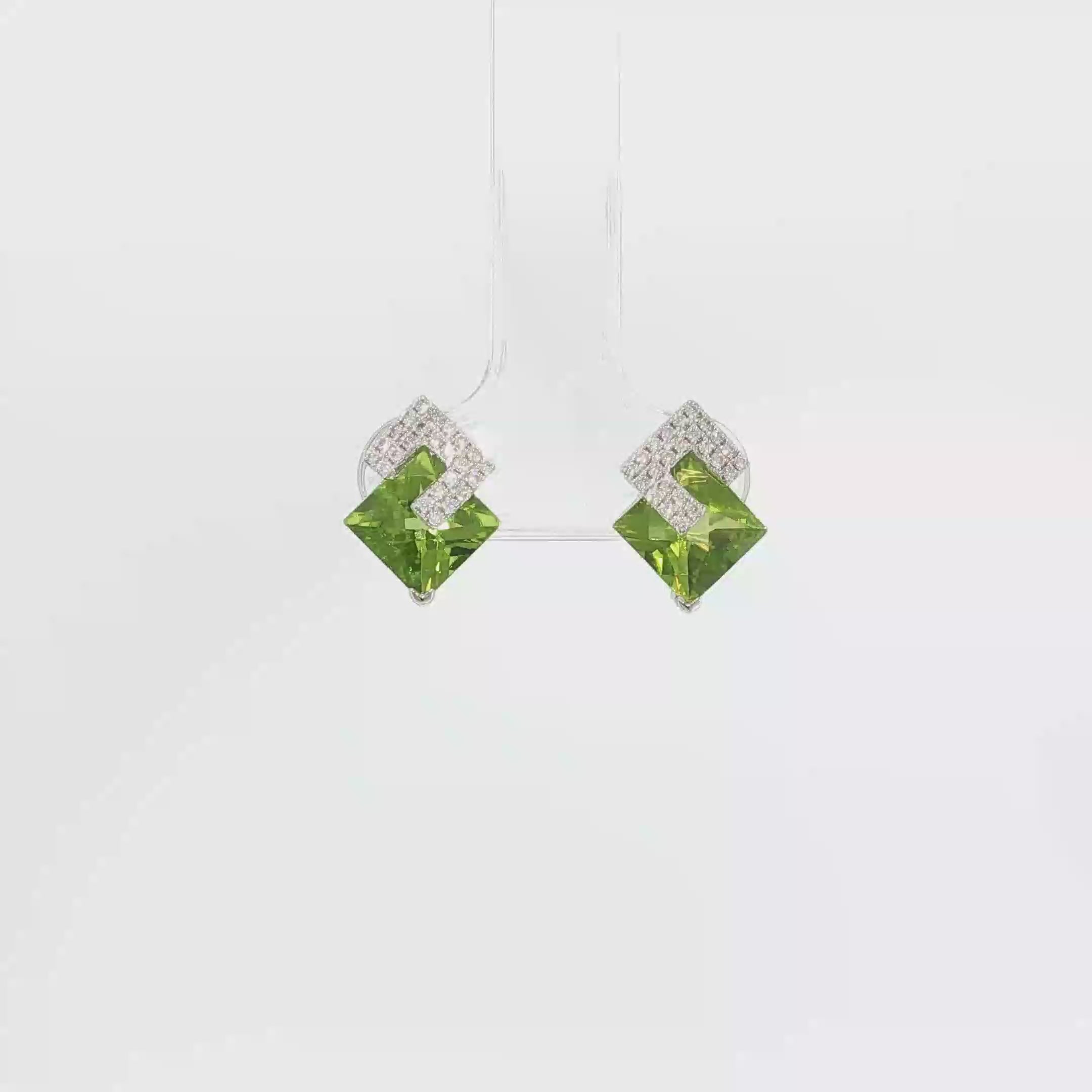 Square Peridot and Diamond Geometric Stud Earrings