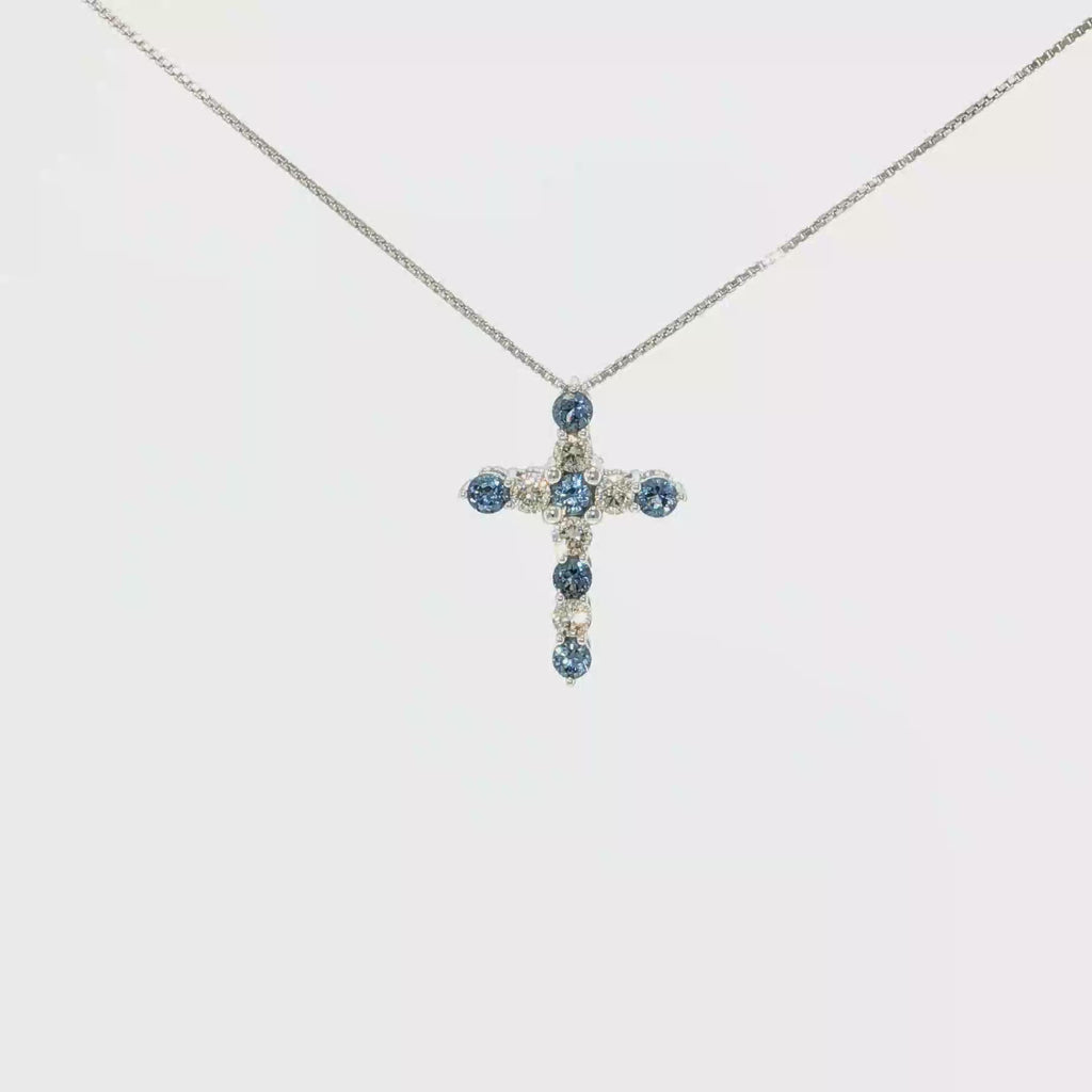 Alternating Montana Yogo Sapphire and Diamond Cross Necklace