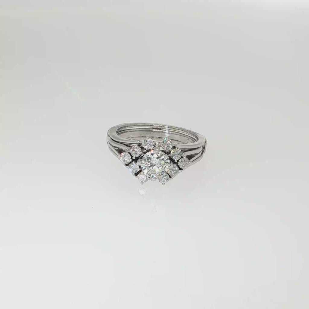 14K white gold diamond engagement ring with a seven-stone design and coordinating four-stone unsoldered drop-in guard.