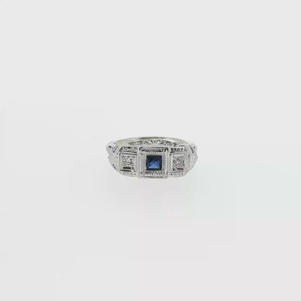 Princess-Cut Synthetic Sapphire and Diamond Filigree Ring