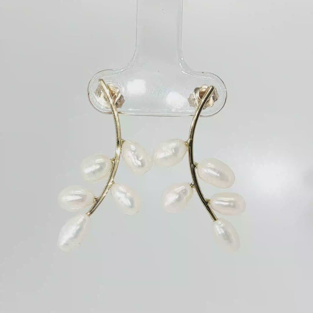 14K yellow gold branch-style drop earrings with 10 freshwater pearls.