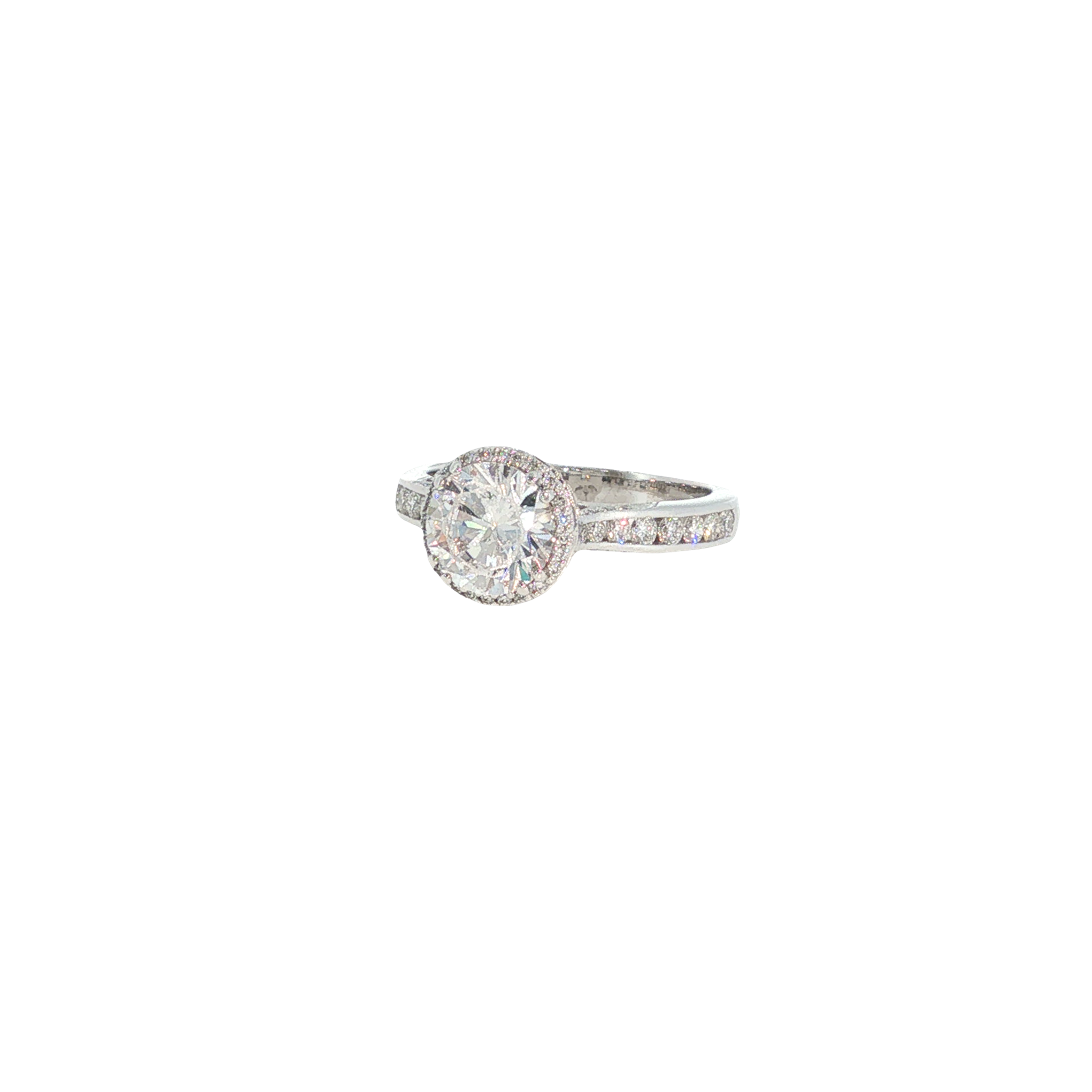 18K white gold Tacori ring with a round cubic zirconia center surrounded by diamond halo and setting accents.