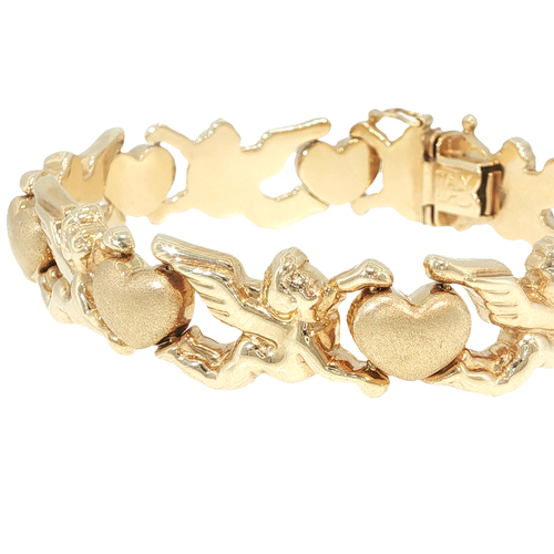 14K yellow gold link bracelet featuring alternating sculpted angel and heart motifs.