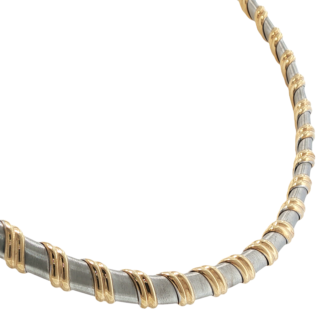 14K white and yellow gold tubular collar necklace with a sleek polished two-tone design.