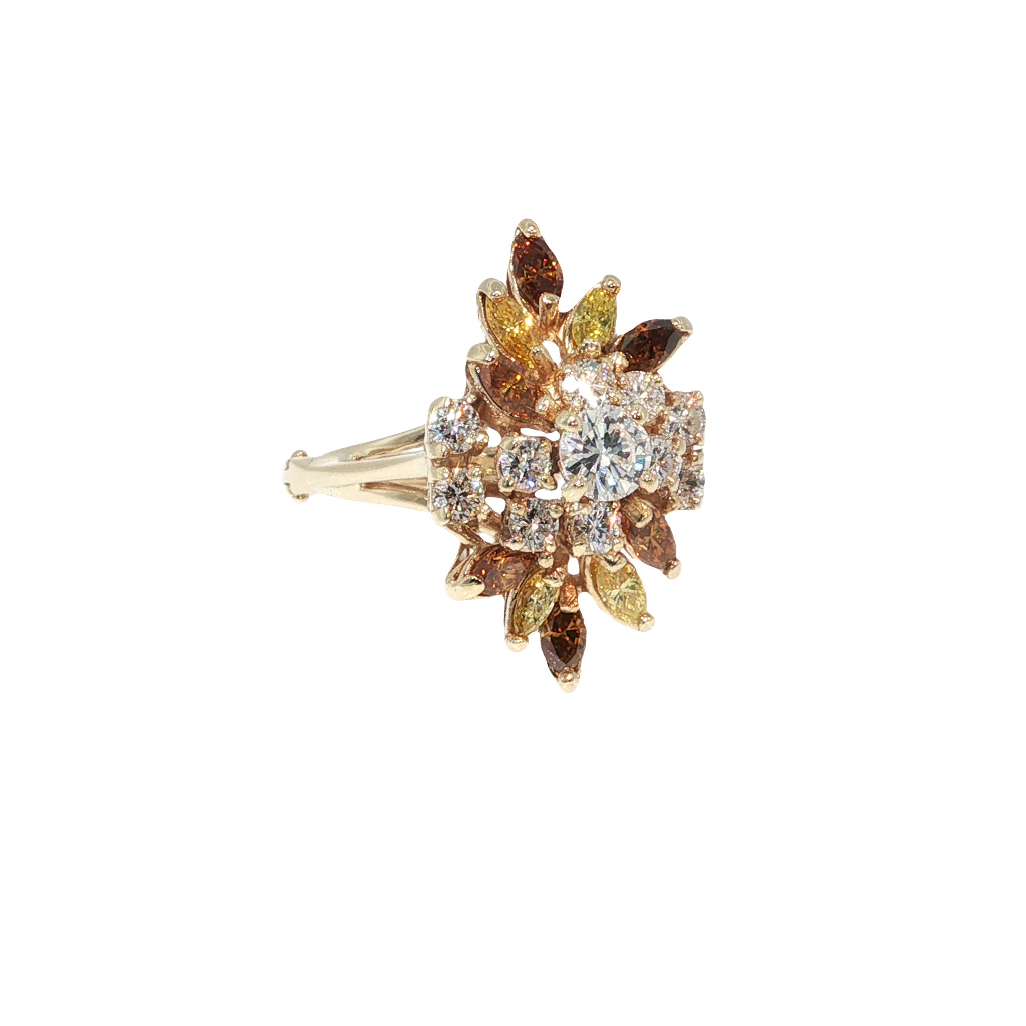 14K yellow gold floral cluster ring with a round center diamond and white, yellow and cognac diamond accents.