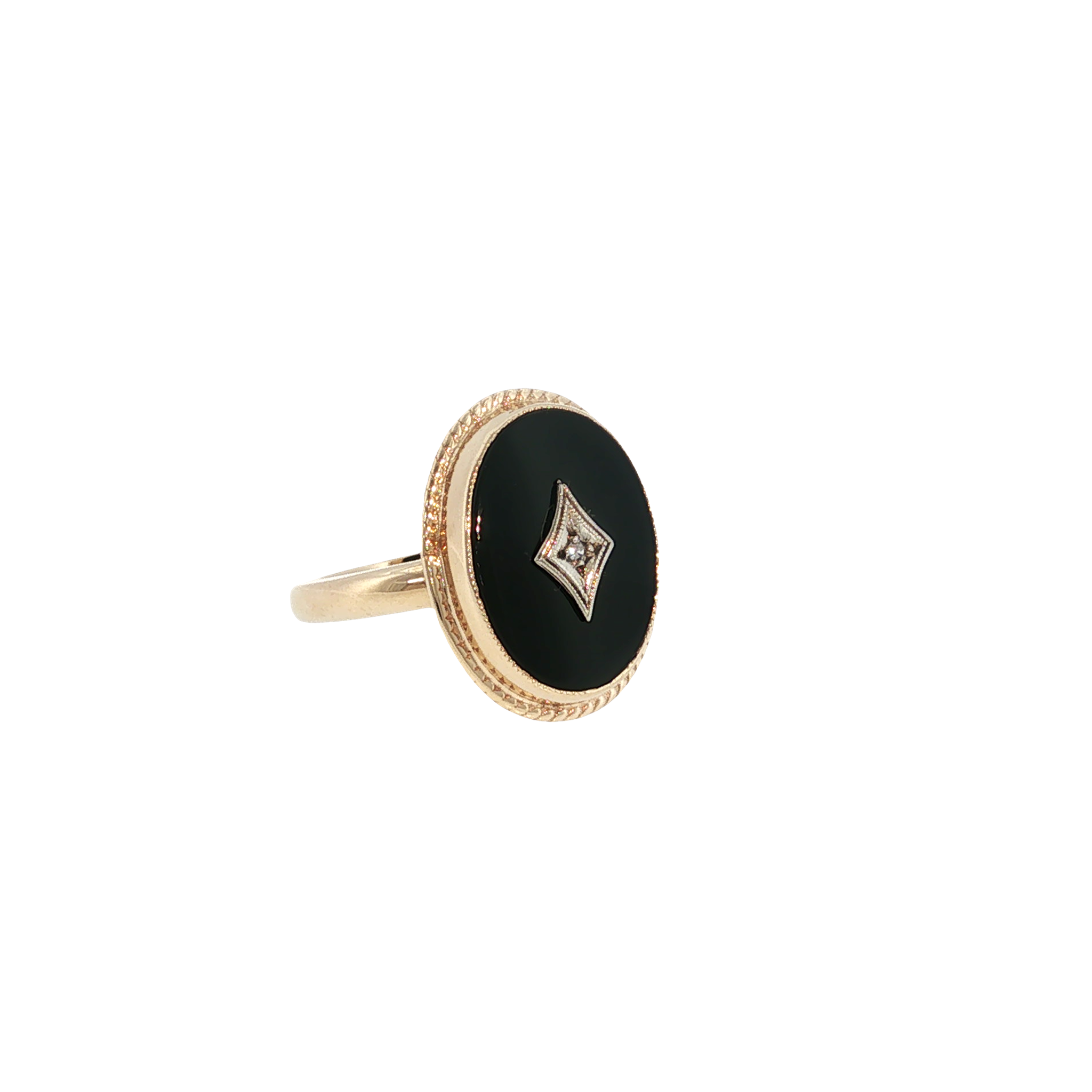 10K yellow gold ring with an oval black onyx center and a single diamond accent.