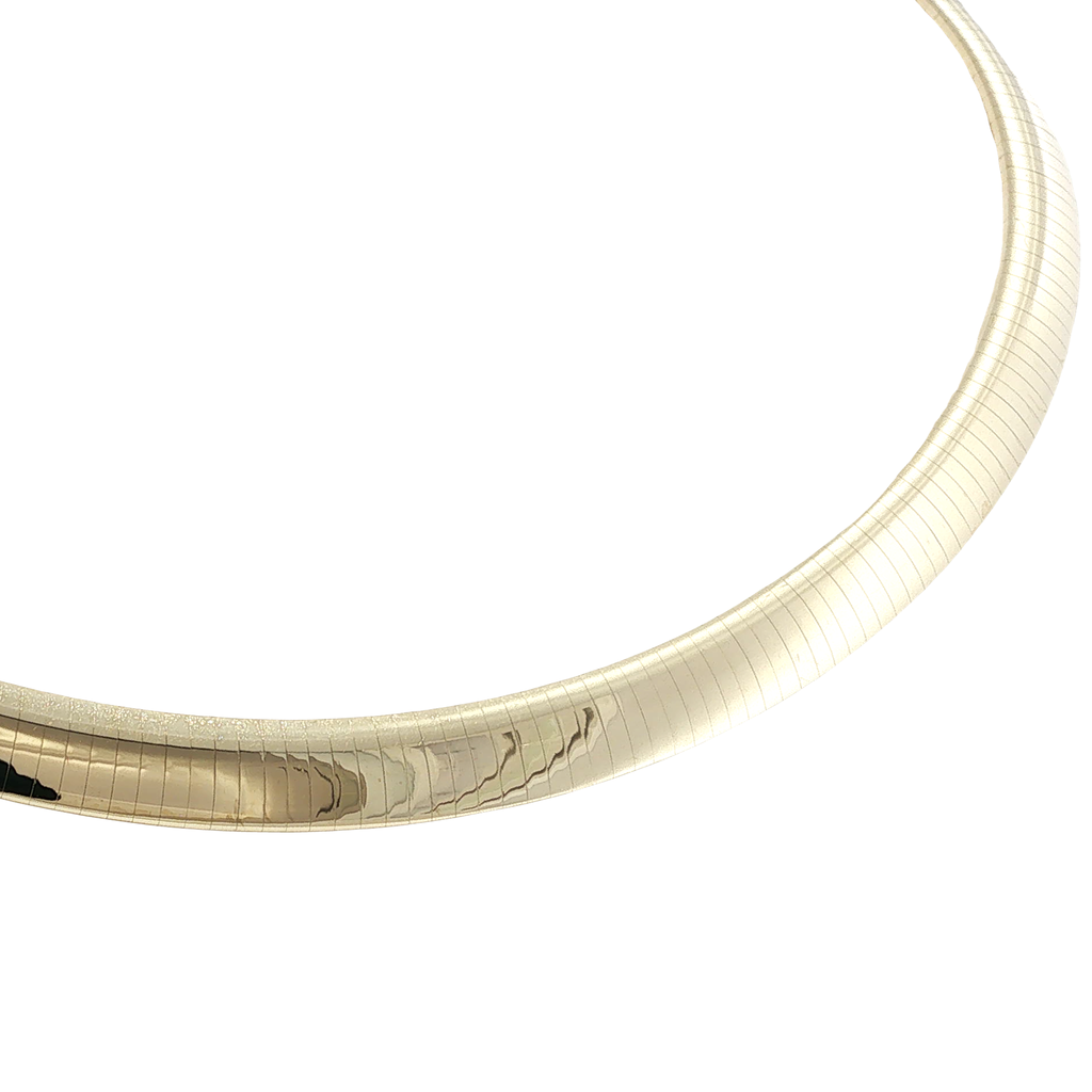 14K yellow gold omega collar necklace with a smooth polished domed profile.